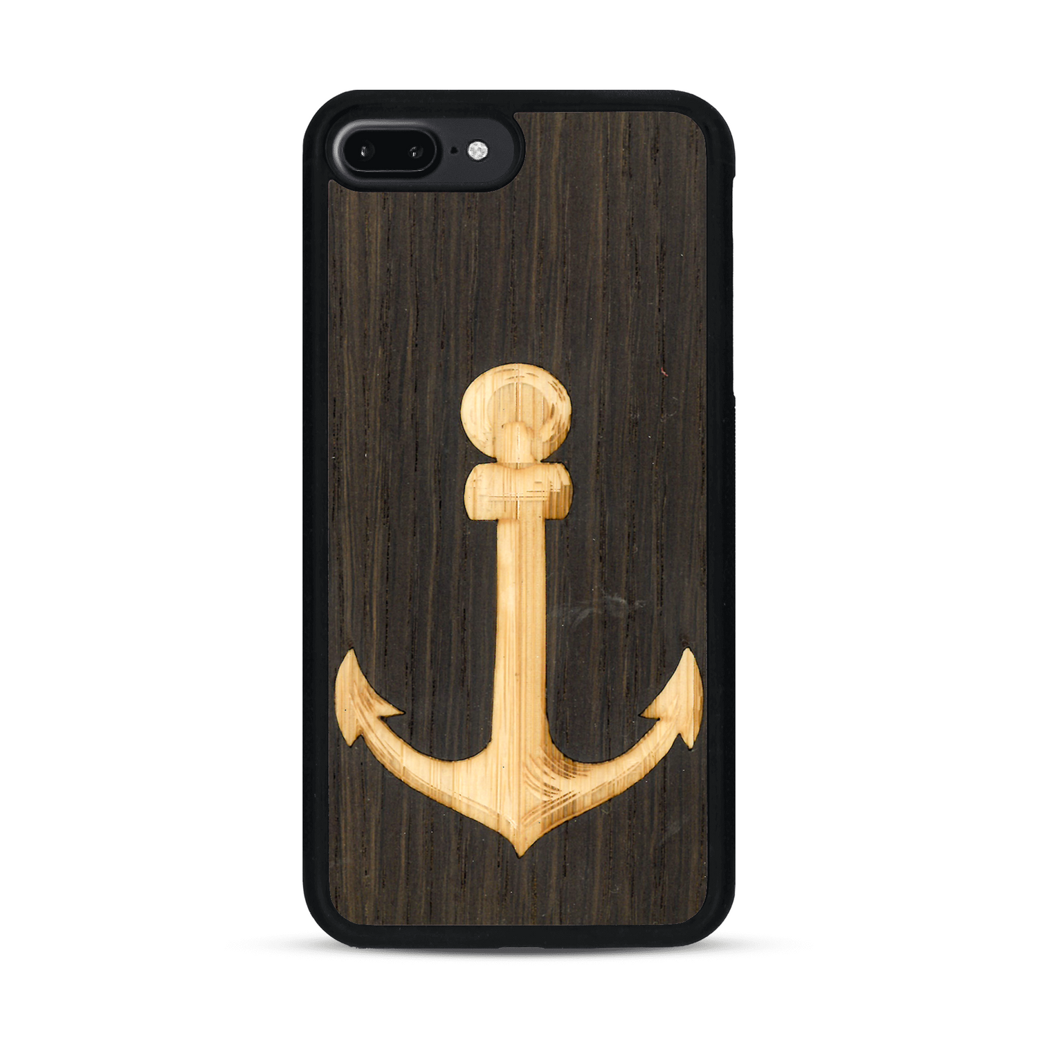 Coque de protection en bois véritable fabriquée en France pour  sur le thème nautique avec un bois clair et un bois foncé représentant une ancre de bateau