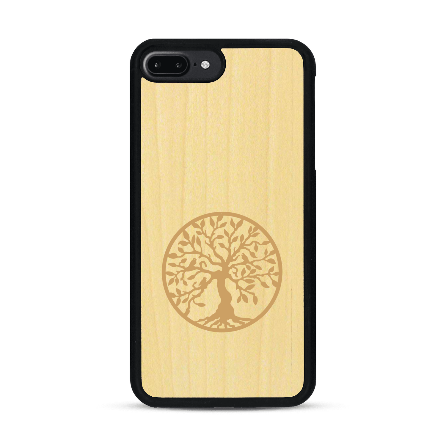 Coque de protection en bois véritable fabriquée en France pour  sur le thème de la spiritualité et du yoga avec une gravure zen représentant un arbre de vie
