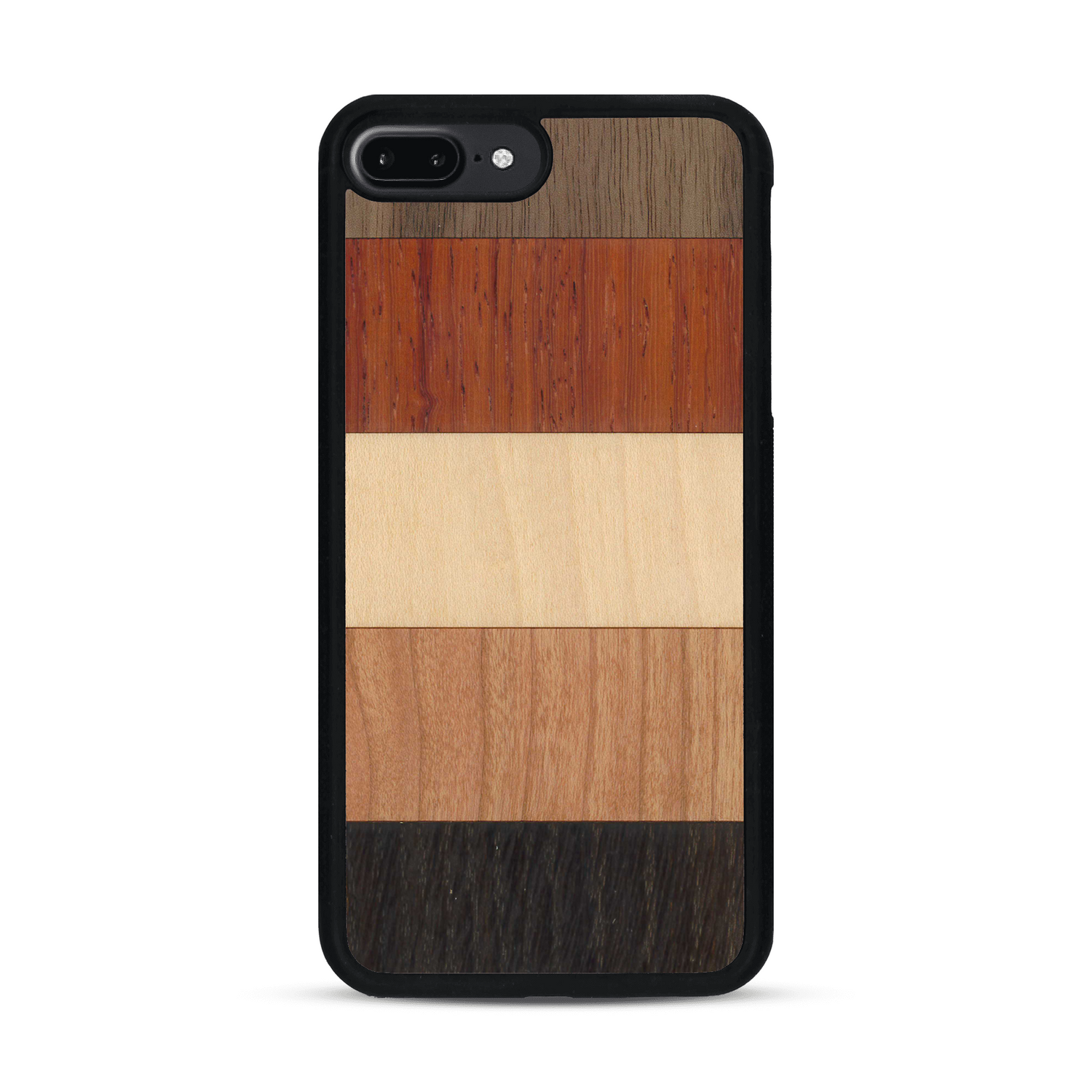 Coque de protection en bois véritable fabriquée en France pour  alliant des bandes horizontales de bambou, merisier, padouk, noyer et chêne fumé