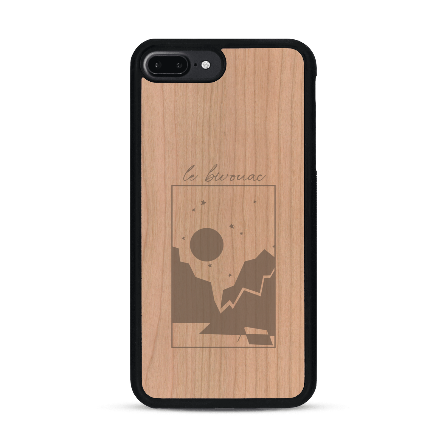 Coque de protection en bois véritable fabriquée en France pour  sur le thème du camping en pleine nature et du bivouac avec la phrase "Aventure is out there"