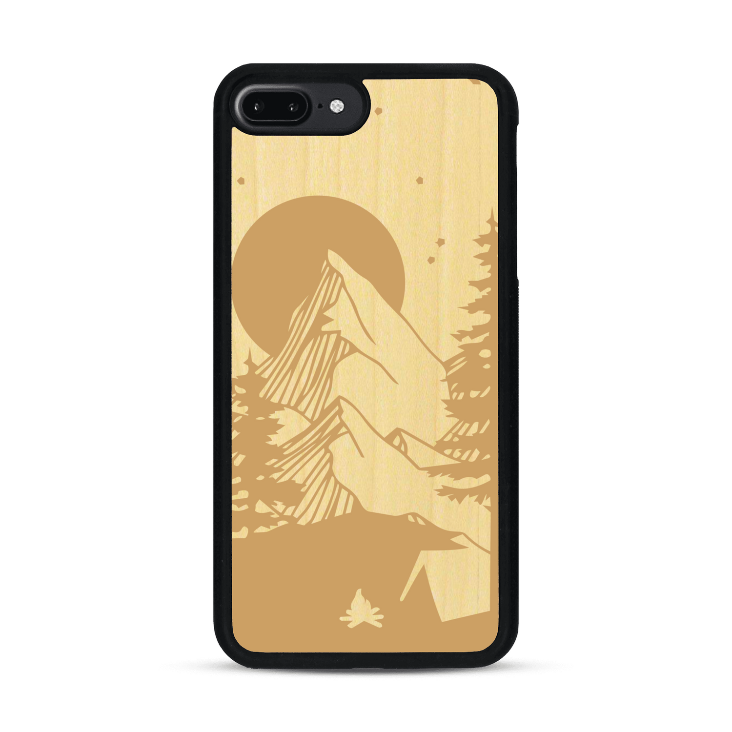 Coque de protection en bois véritable fabriquée en France pour  sur le thème du camping en pleine nature représentant une tente avec un feu de camp entouré de montagnes