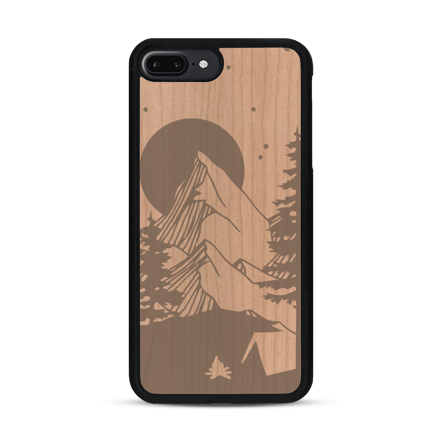 Coque de protection en bois véritable fabriquée en France pour  sur le thème du camping en pleine nature représentant une tente avec un feu de camp entouré de montagnes