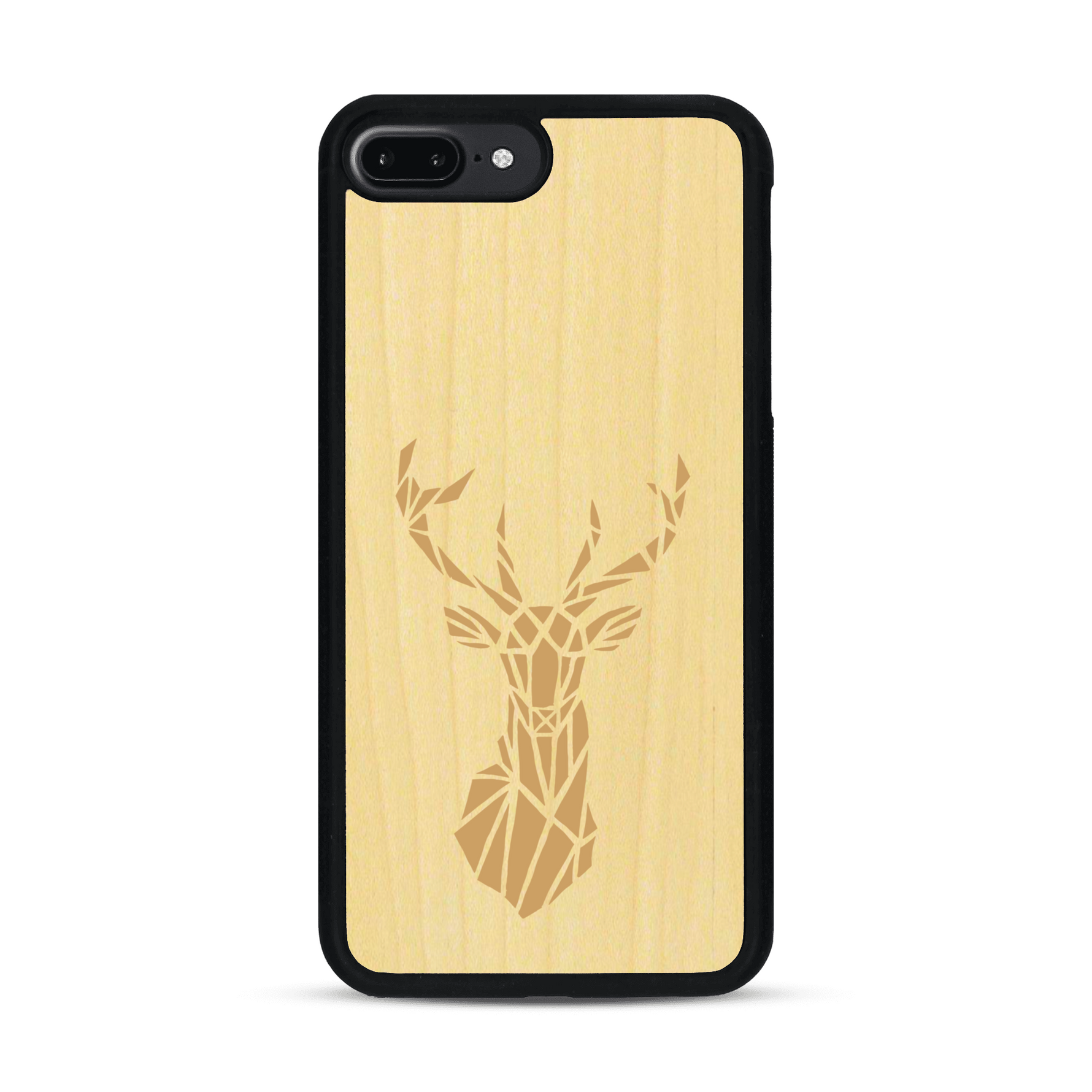 Coque de protection en bois véritable fabriquée en France pour  sur le thème de la nature et des animaux représentant une tête de cerf gométrique avec un design moderne et minimaliste