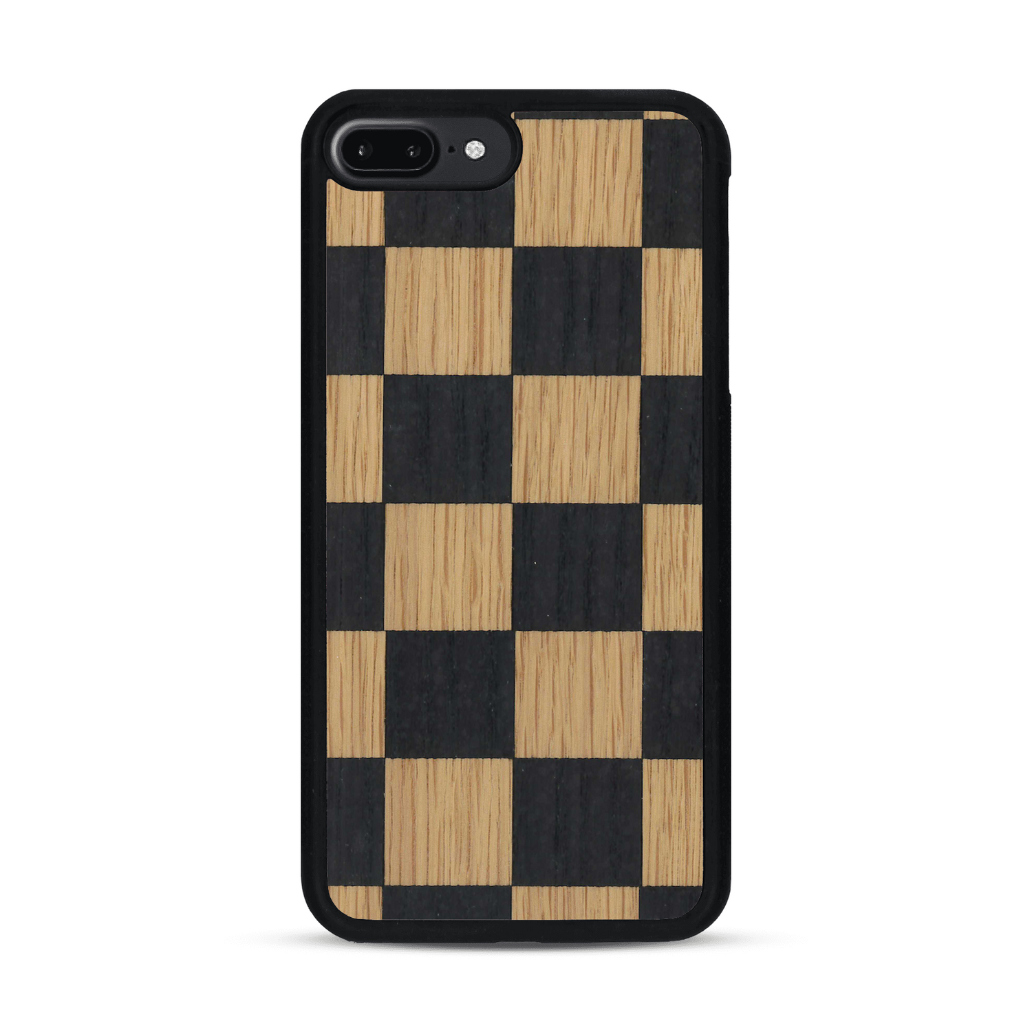 Coque de protection en bois véritable fabriquée en France pour  alliant plusieurs essences de bois pour représenter un damier