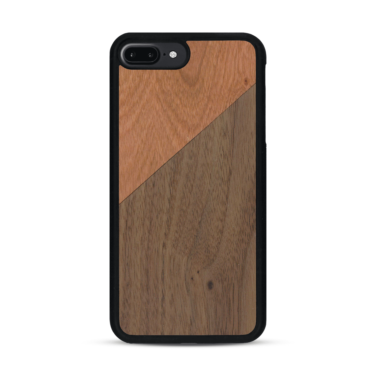 Coque de protection en bois véritable fabriquée en France pour  alliant du merisier et du noyer formant chacun un triangle avec une jointure en diagonale sur le thème de l'art abstrait