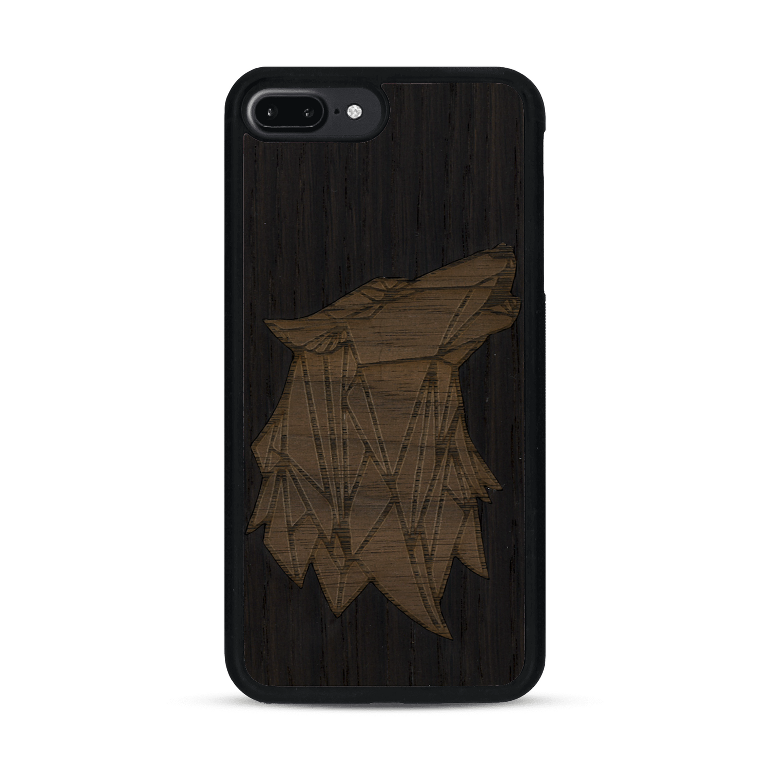 Coque de protection en bois véritable fabriquée en France pour  alliant du chêne fumé et du noyer représentant une tête de loup géométrique de profil sur le thème des animaux et de la nature