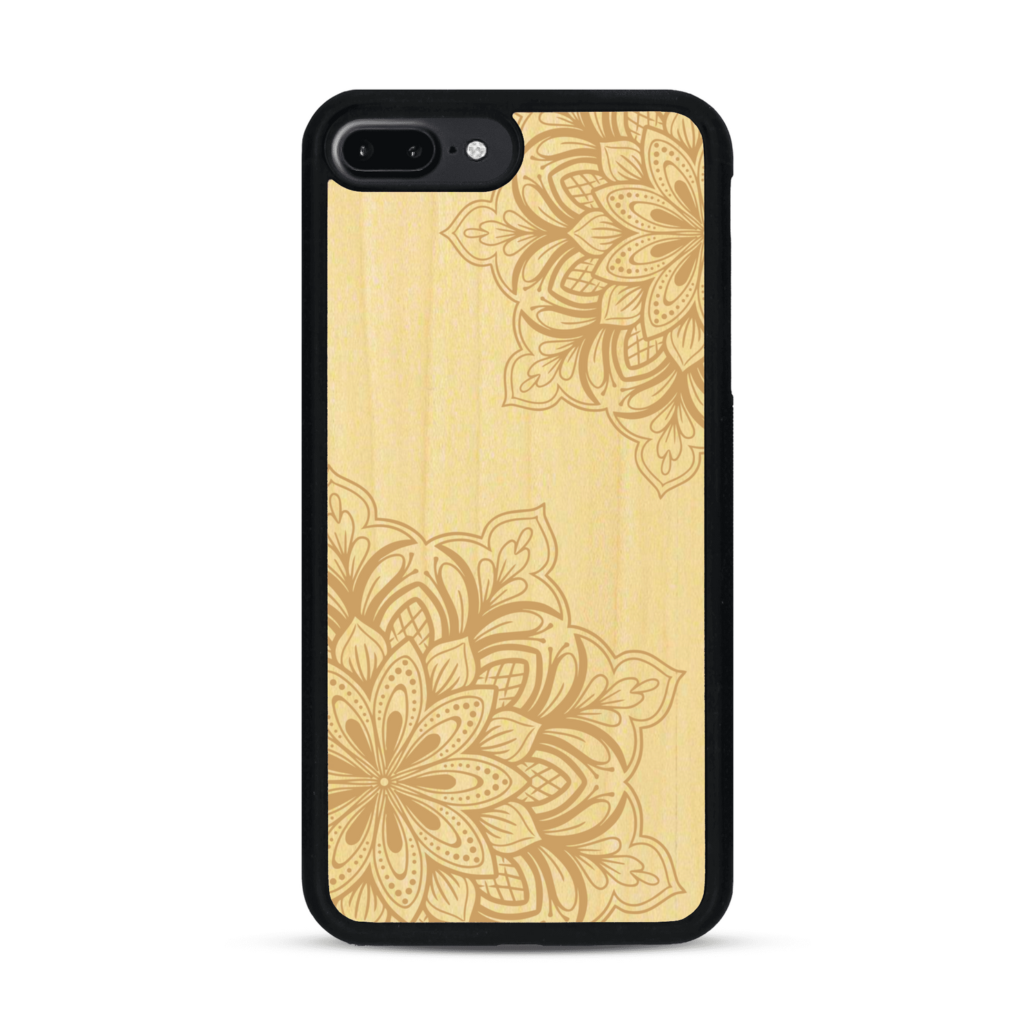 Coque de protection en bois véritable fabriquée en France pour  sur le thème de la bohème et du tatouage au henné avec une gravure représentant un mandala