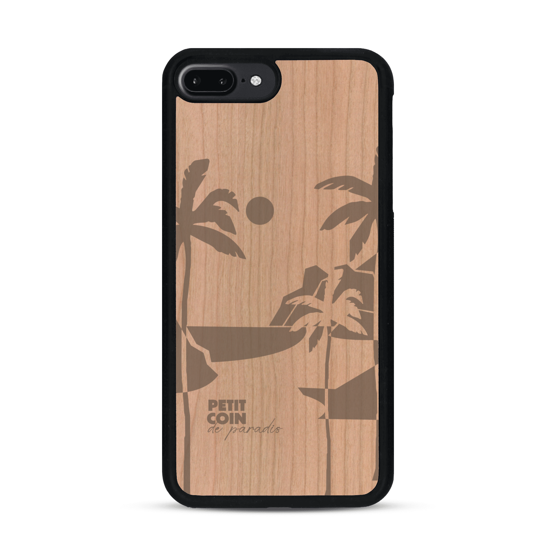 Coque de protection en bois véritable fabriquée en France pour  sur le thème des voyages en vans, vanlife et chill avec une gravure représentant un van vw combi devant le soleil couchant sur une plage avec des vagues