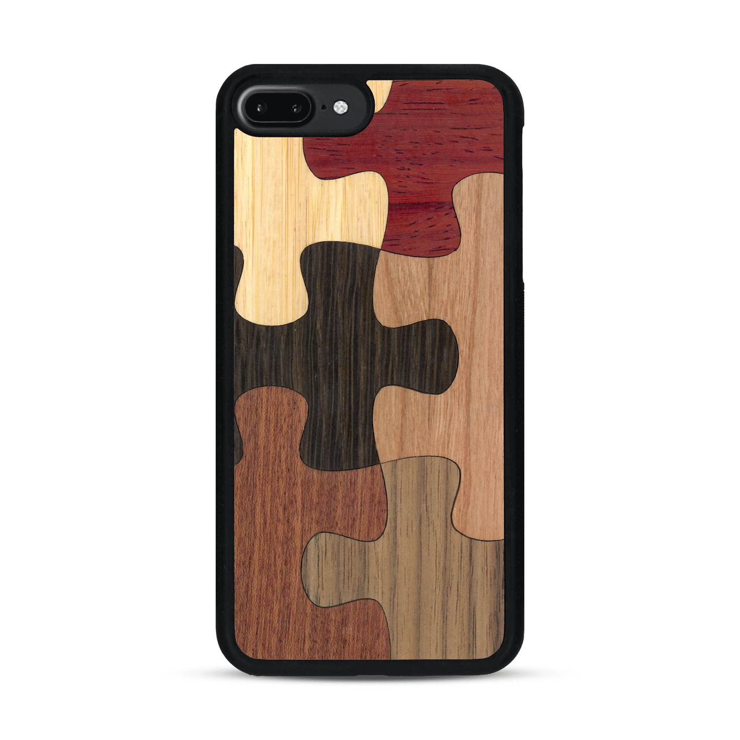 Coque de protection en bois véritable fabriquée en France pour  représentant un puzzle en six pièces qui allie du chêne fumé, du noyer, du bambou, du padouk, du merisier et de l'acajou