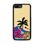 Coque de protection en bois véritable fabriquée en France pour iPhone 7 / 8 représentant un tigre coloré avec un design moderne et minimaliste sur le thème de la jungle et de la nature