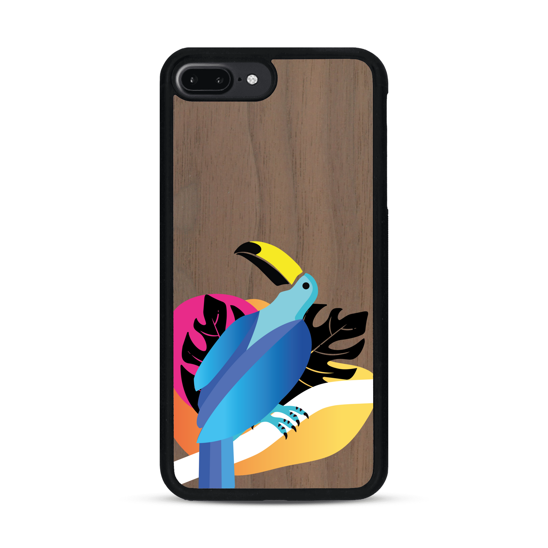 Coque de protection en bois véritable fabriquée en France pour iPhone 7 / 8 représentant un toucan coloré avec un design moderne et minimaliste sur le thème de la jungle et de la nature