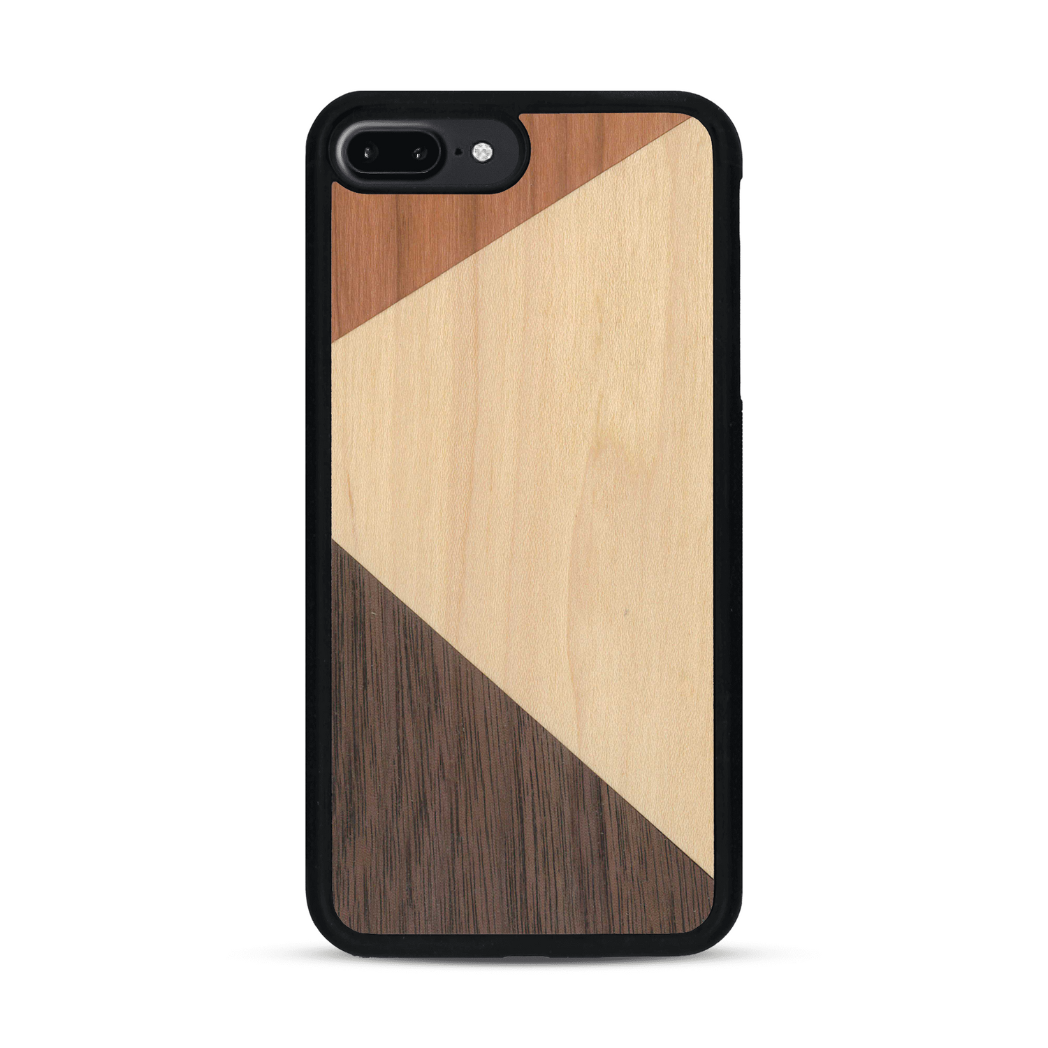 Coque de protection en bois véritable fabriquée en France pour  alliant du merisier, du noyer et du bambou formant chacun deux triangles et un trapèze avec deux jointures en diagonale sur le thème de l'art abstrait