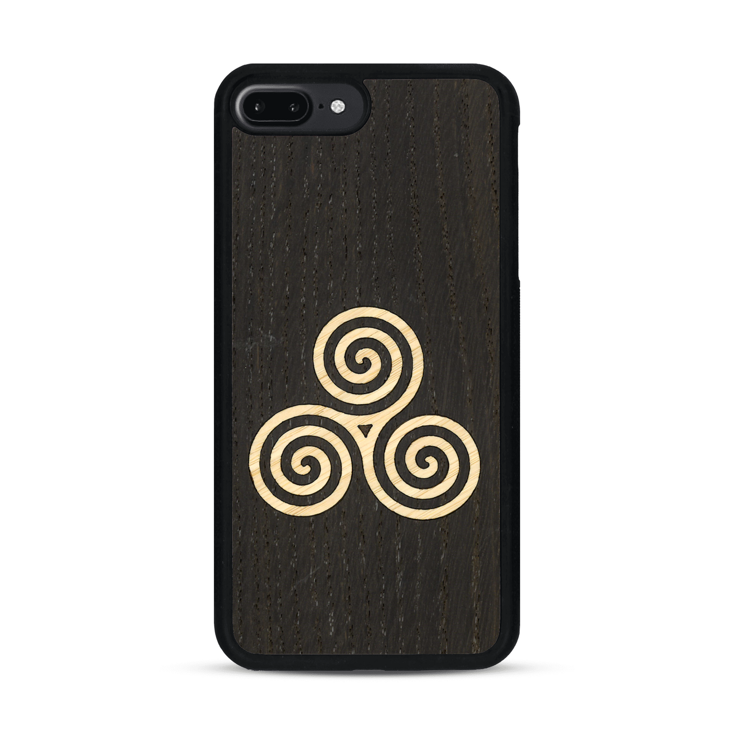 Coque de protection en bois véritable fabriquée en France pour  alliant du chêne fumé et du bambou et doré représentant un triskell