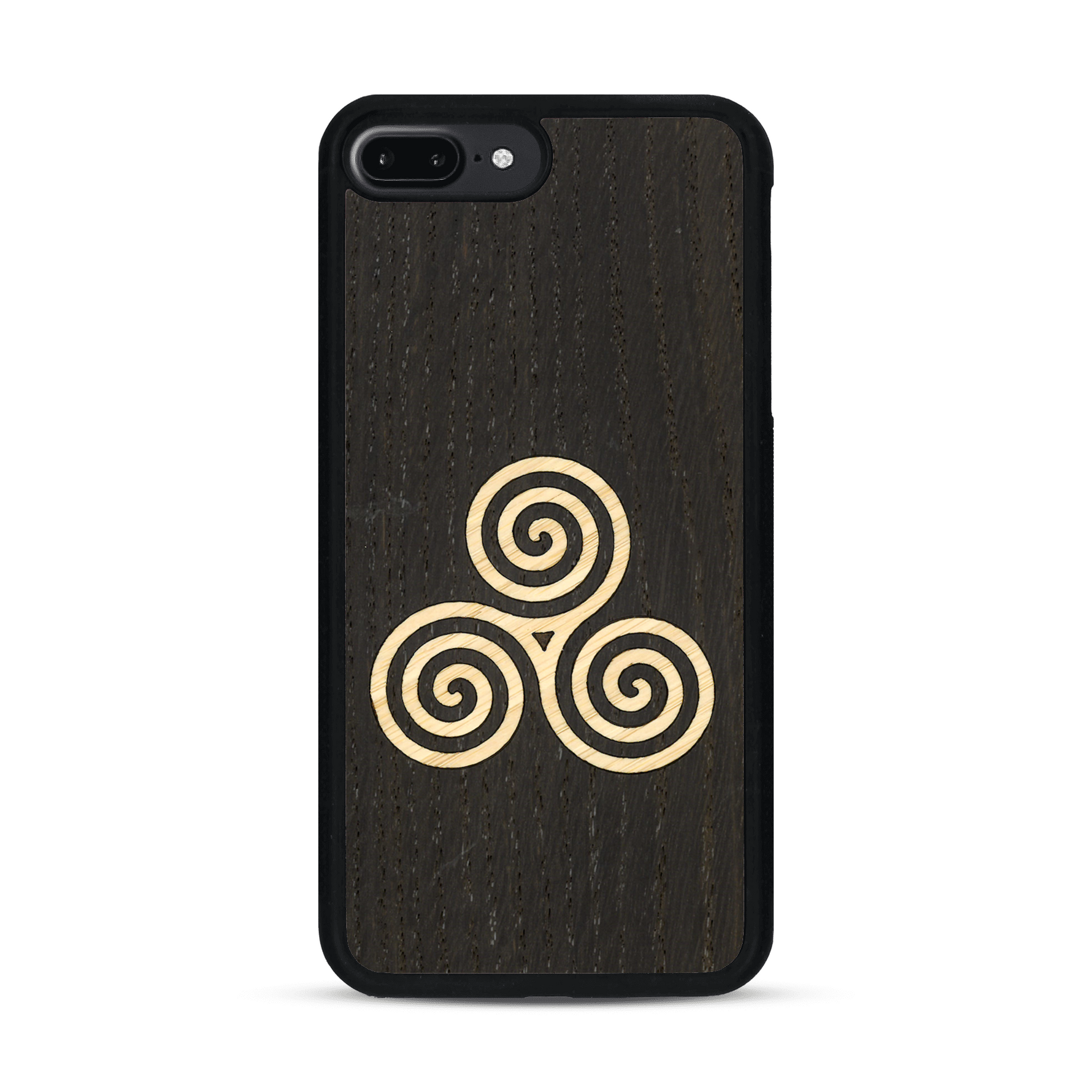 Coque de protection en bois véritable fabriquée en France pour  alliant du chêne fumé et du bambou et doré représentant un triskell