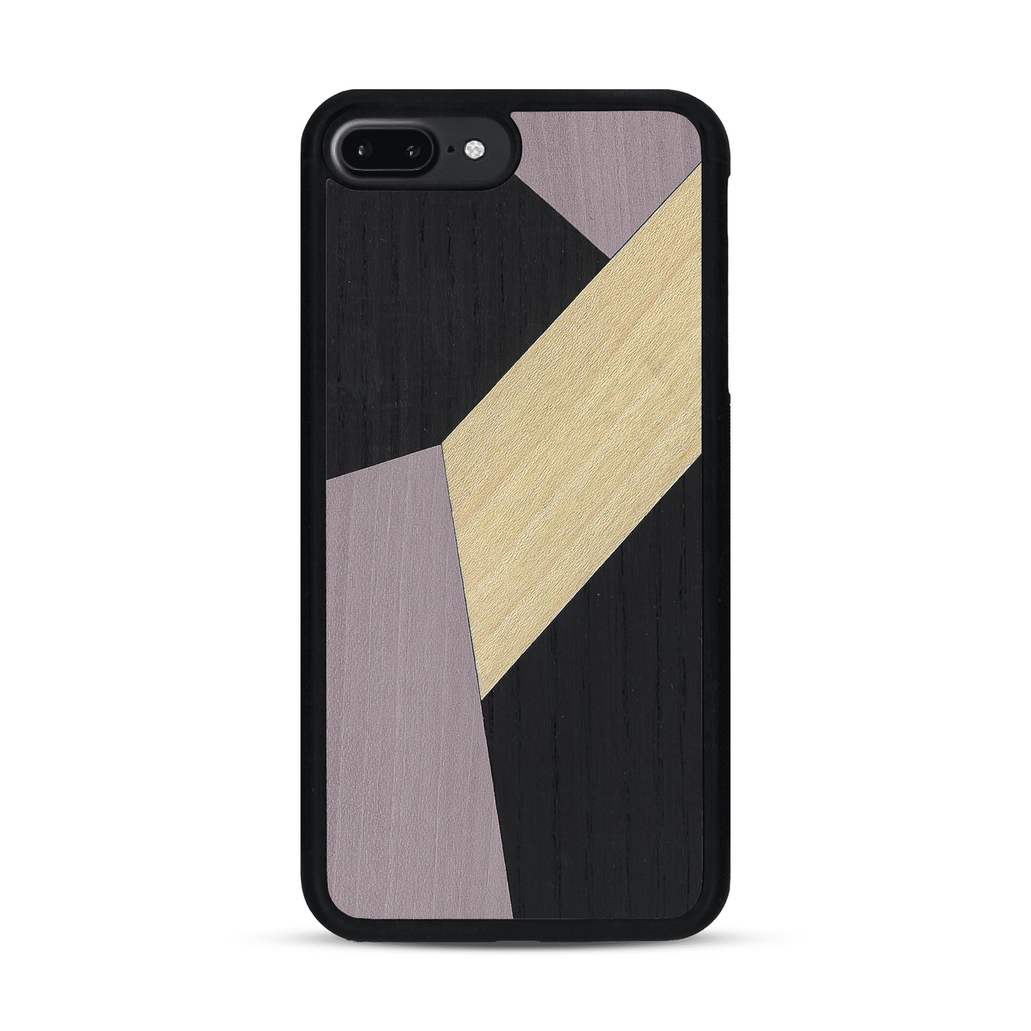 Coque de protection en bois véritable fabriquée en France pour  alliant du bambou, du tulipier mauve et noir en forme de mosaïque minimaliste sur le thème de l'art abstrait