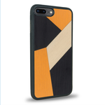 Coque de protection en bois véritable fabriquée en France pour iPhone 7 / 8 alliant du bambou, du tulipier orange et noir en forme de mosaïque minimaliste sur le thème de l'art abstrait