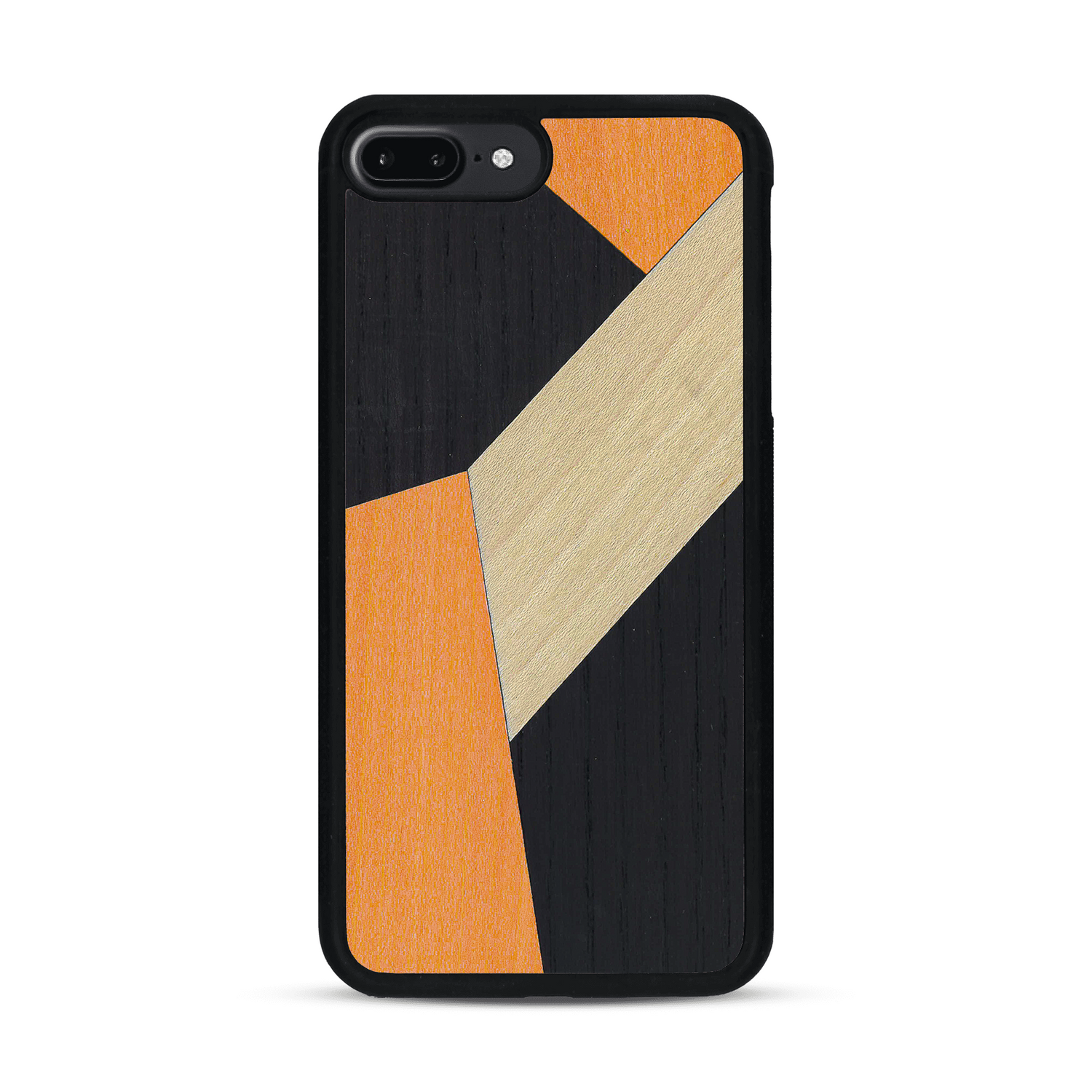 Coque de protection en bois véritable fabriquée en France pour  alliant du bambou, du tulipier orange et noir en forme de mosaïque minimaliste sur le thème de l'art abstrait