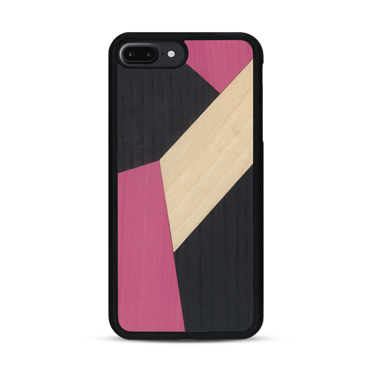Coque de protection en bois véritable fabriquée en France pour  alliant du bambou, du tulipier rose et noir en forme de mosaïque minimaliste sur le thème de l'art abstrait