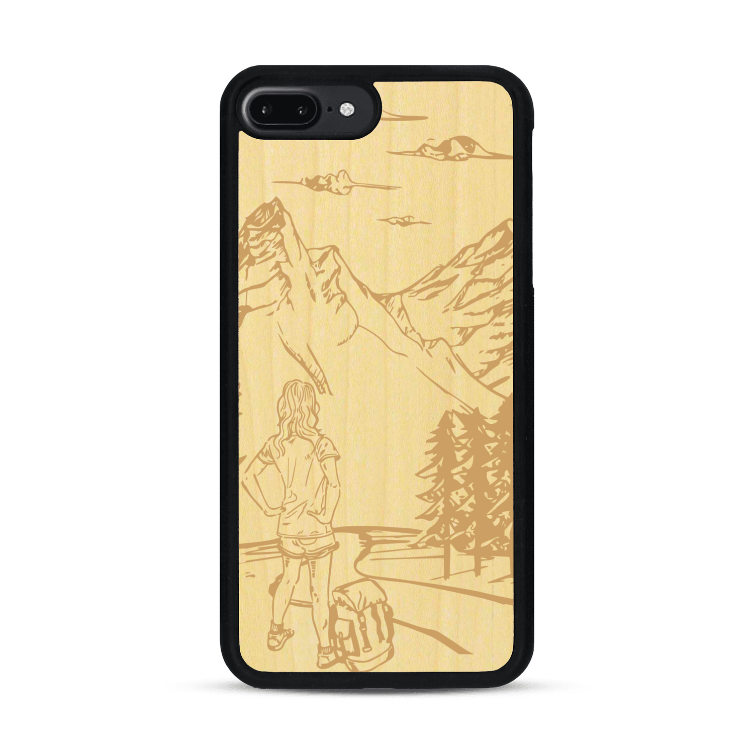 Coque de protection en bois véritable fabriquée en France pour  sur le thème de la randonnée en montagne et de l'aventure avec une gravure représentant une femme de dos face à un paysage de nature