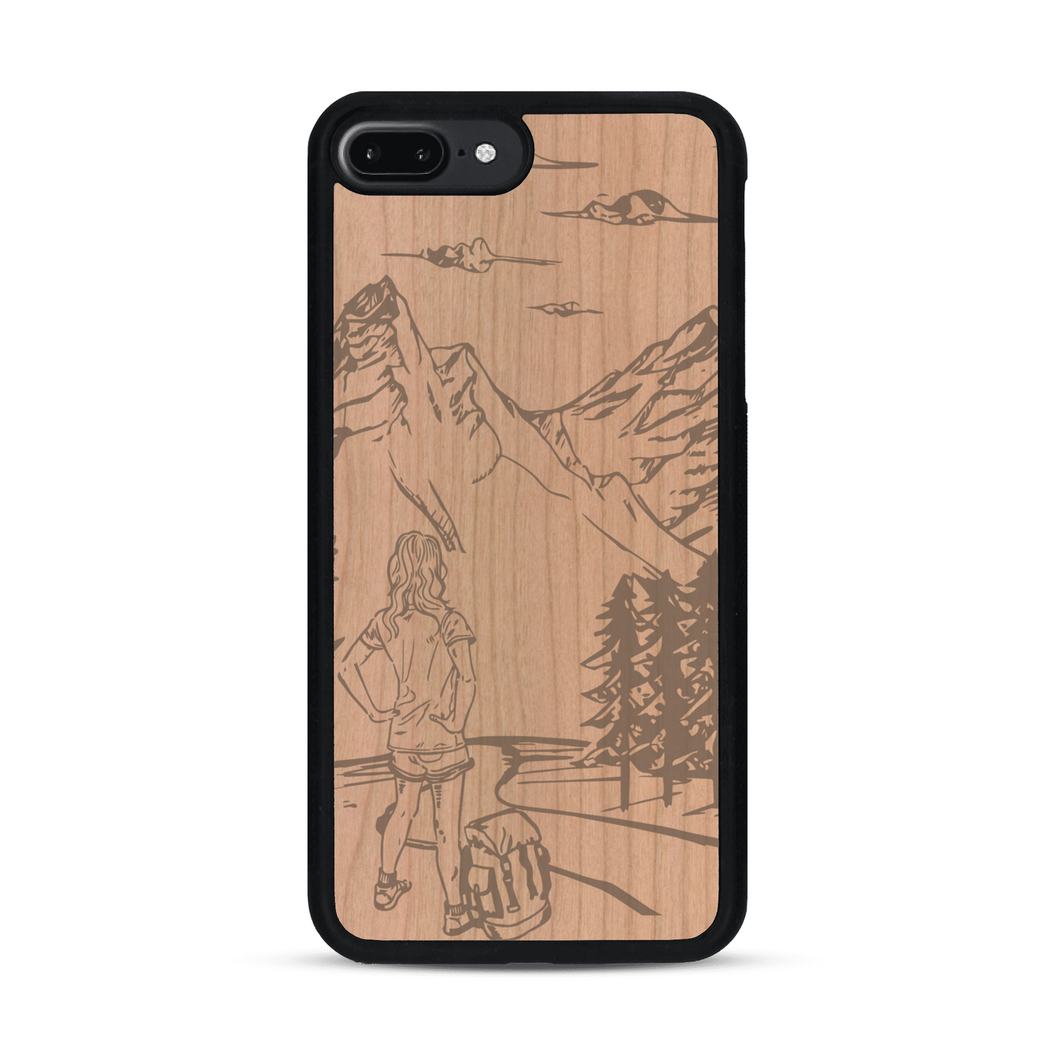 Coque de protection en bois véritable fabriquée en France pour  sur le thème de la randonnée en montagne et de l'aventure avec une gravure représentant une femme de dos face à un paysage de nature