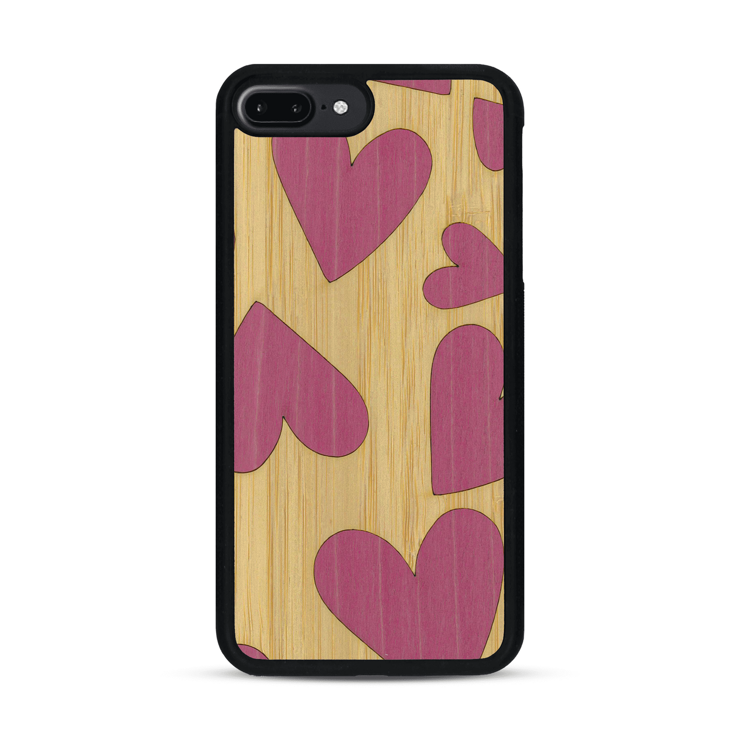 Coque de protection en bois véritable fabriquée en France pour  alliant plusieurs essences de bois pour représenter des coeurs pour les amoureux