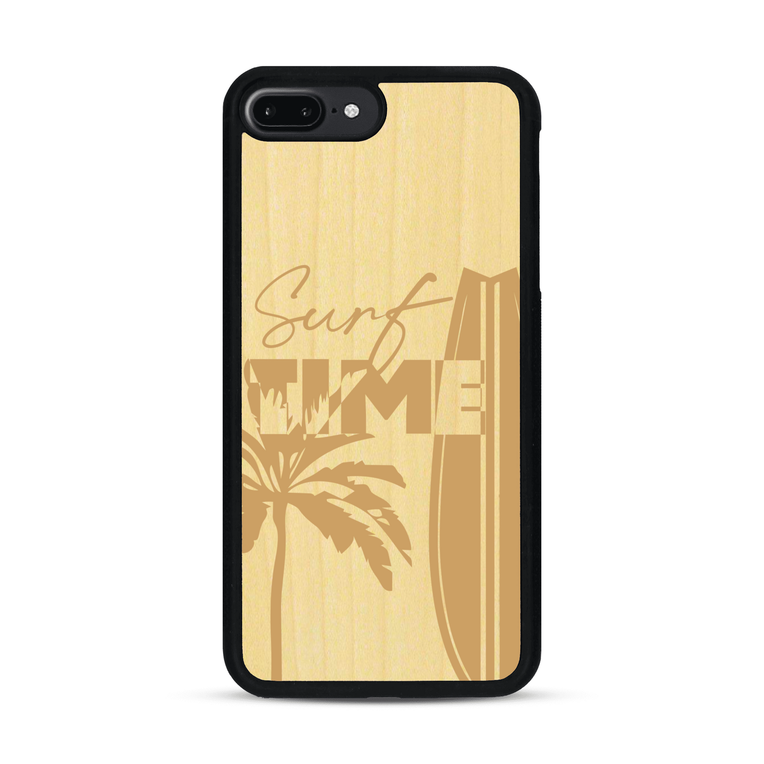 Coque de protection en bois véritable fabriquée en France pour  sur le thème chill avec un motif représentant une silouhette tenant une planche de surf sur une plage entouré de palmiers et les mots "Surf Time Long Beach Miami"