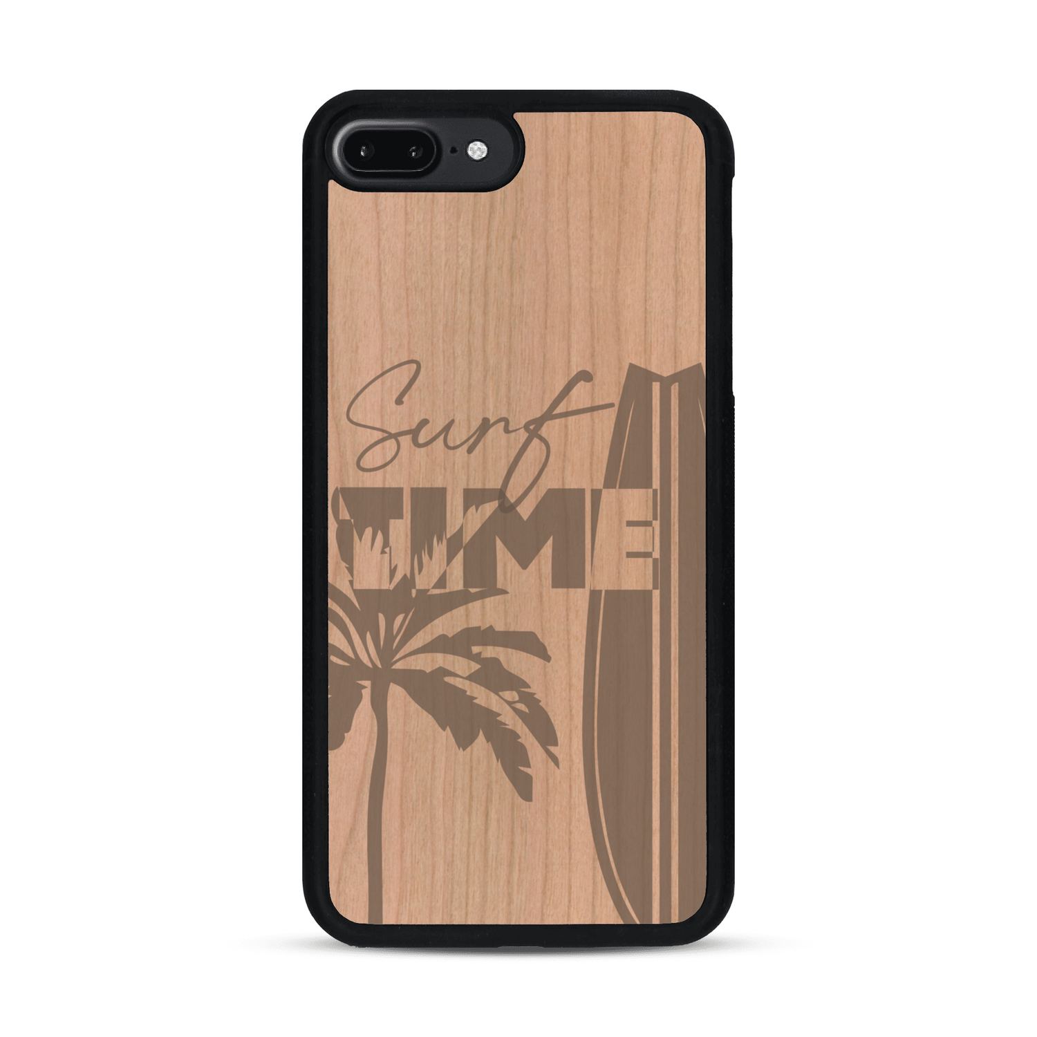 Coque de protection en bois véritable fabriquée en France pour  sur le thème chill avec un motif représentant une silouhette tenant une planche de surf sur une plage entouré de palmiers et les mots "Surf Time Long Beach Miami"