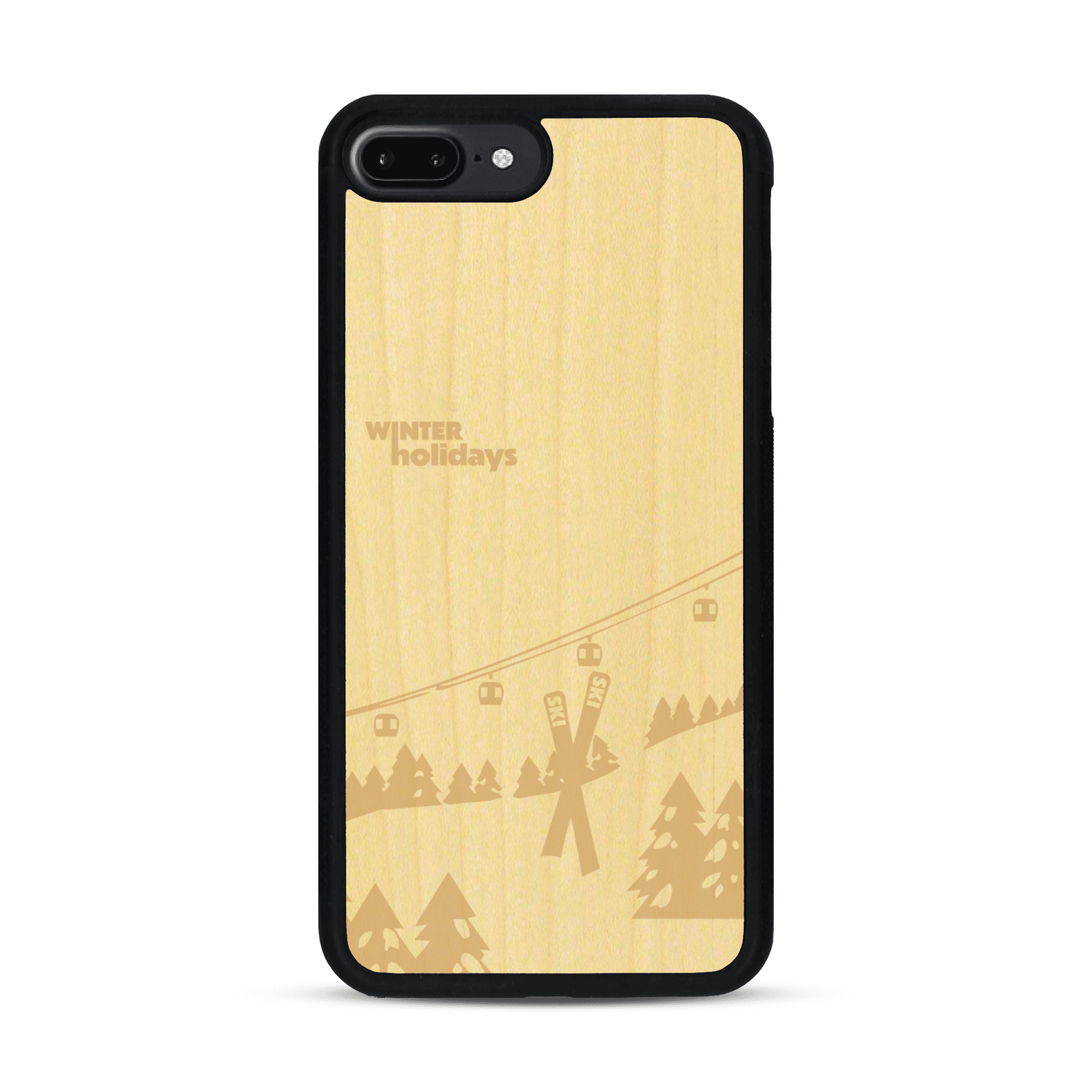 Coque de protection en bois véritable fabriquée en France pour  sur le thème de la montagne, du ski et de la neige avec un motif représentant une paire de ski plantée dans la neige avec en fond des montagnes enneigées