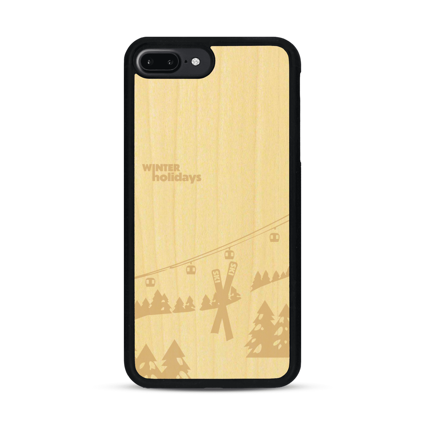 Coque de protection en bois véritable fabriquée en France pour  sur le thème de la montagne, du ski et de la neige avec un motif représentant une paire de ski plantée dans la neige avec en fond des montagnes enneigées