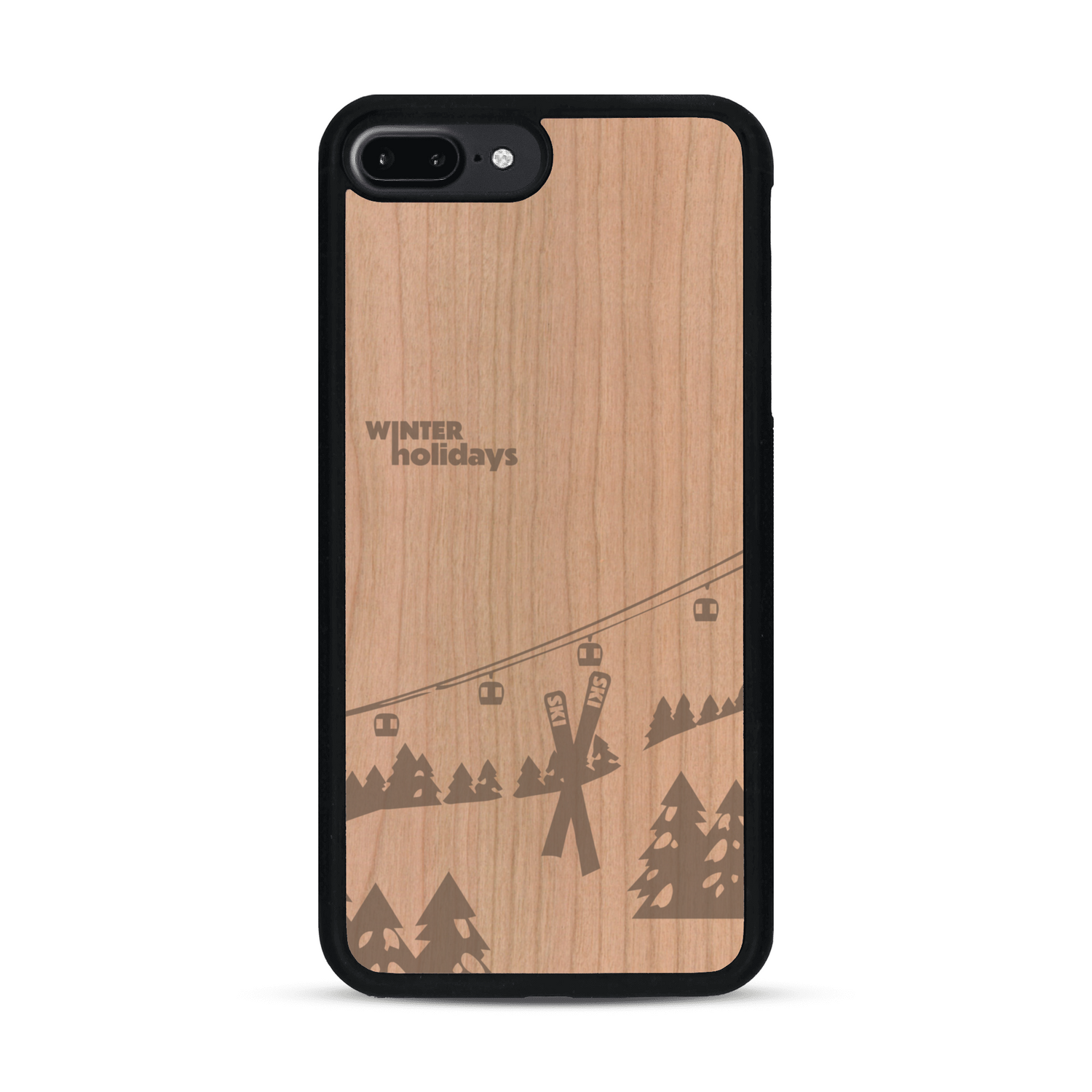 Coque de protection en bois véritable fabriquée en France pour  sur le thème de la montagne, du ski et de la neige avec un motif représentant une paire de ski plantée dans la neige avec en fond des montagnes enneigées