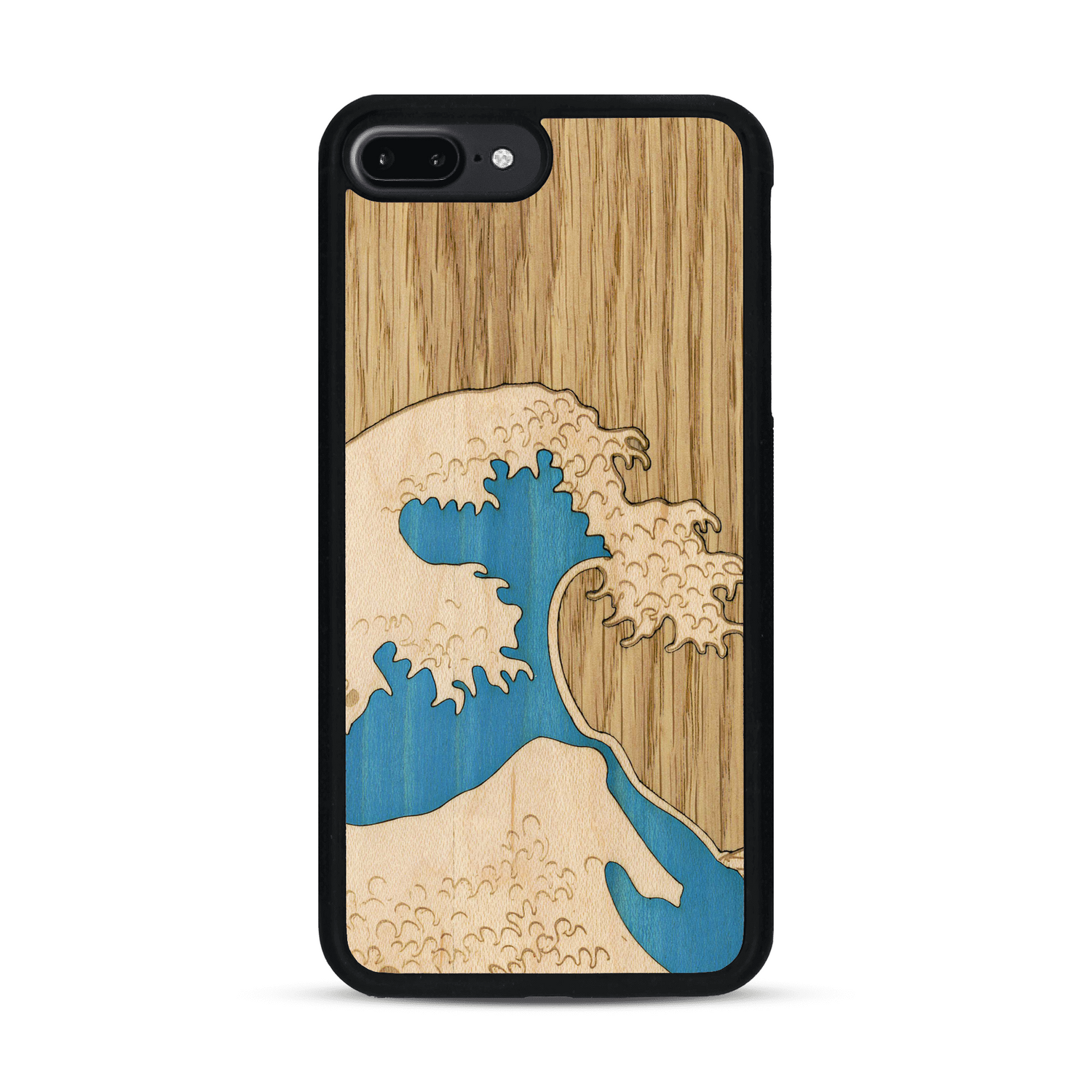 Coque de protection en bois véritable fabriquée en France pour  alliant plusieurs essences de bois pour représenter la célèbre grande vague de Kanagawa