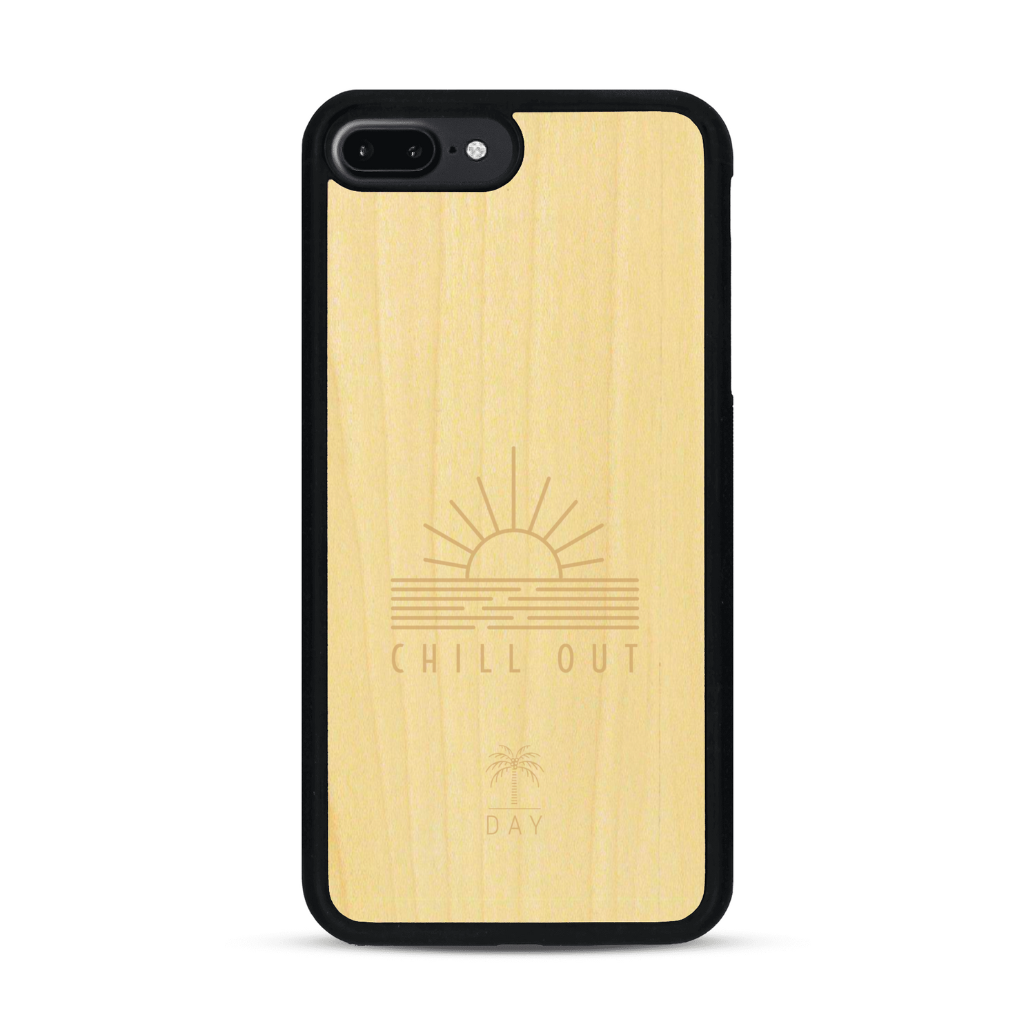 Coque de protection en bois véritable fabriquée en France pour  sur le thème chill avec un motif représentant un couché de soleil sur l'océan et la phrase "Chill out"