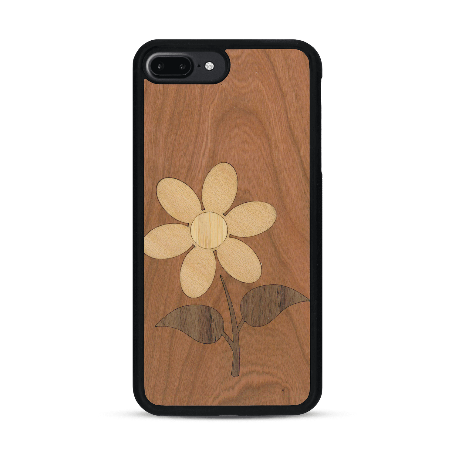 Coque de protection en bois véritable fabriquée en France pour  alliant plusieurs essences de bois pour représenter une marguerite
