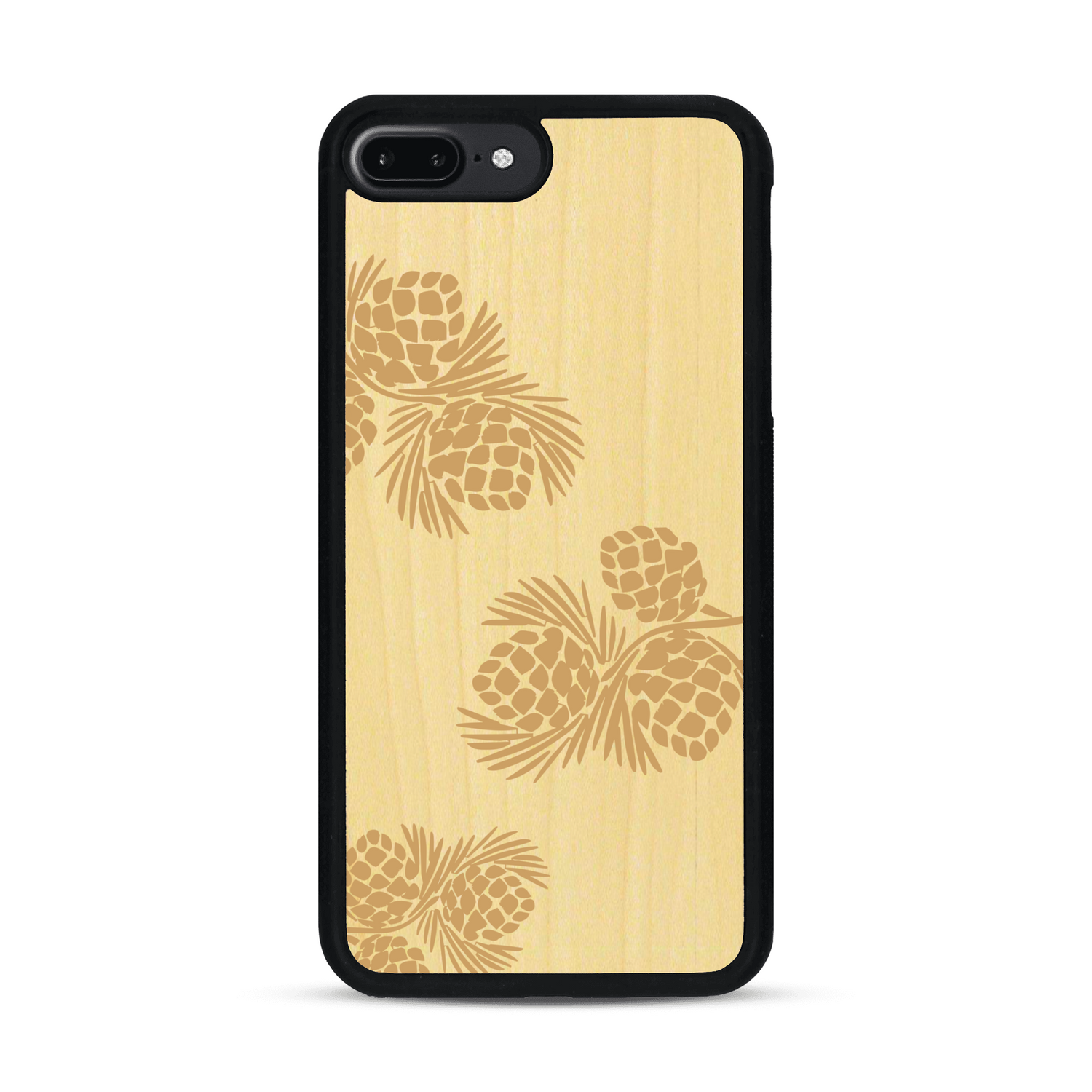 Coque de protection en bois véritable fabriquée en France pour  sur le thème de la nature des arbres avec un motif de gravure représentant des épines de sapin et des pommes de pin