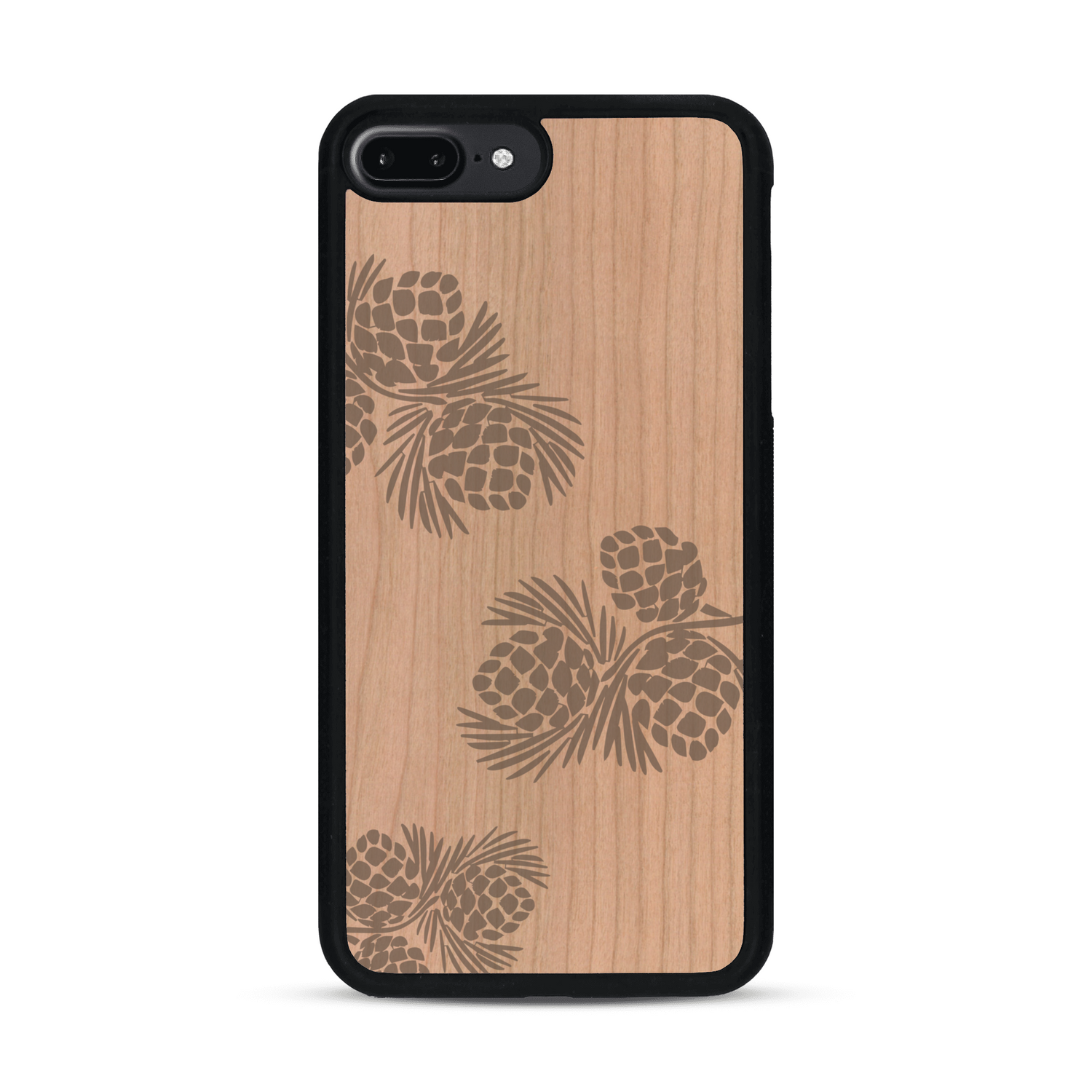 Coque de protection en bois véritable fabriquée en France pour  sur le thème de la nature des arbres avec un motif de gravure représentant des épines de sapin et des pommes de pin