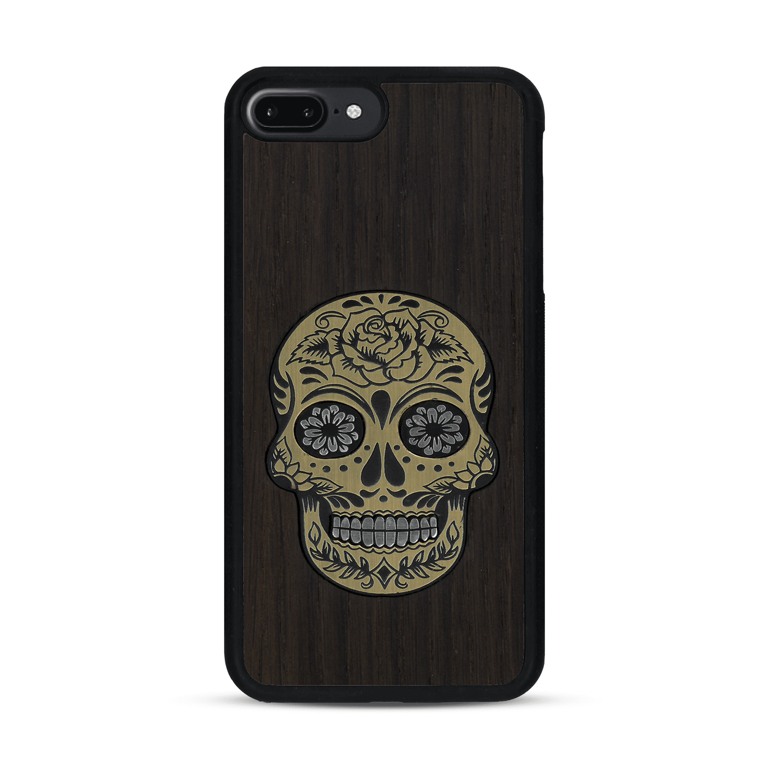 Coque de protection en bois véritable fabriquée en France pour  alliant du chêne fumé avec du métal argenté et doré représentant une tête de mort mexicaine sur le thème Dia de los Muertos