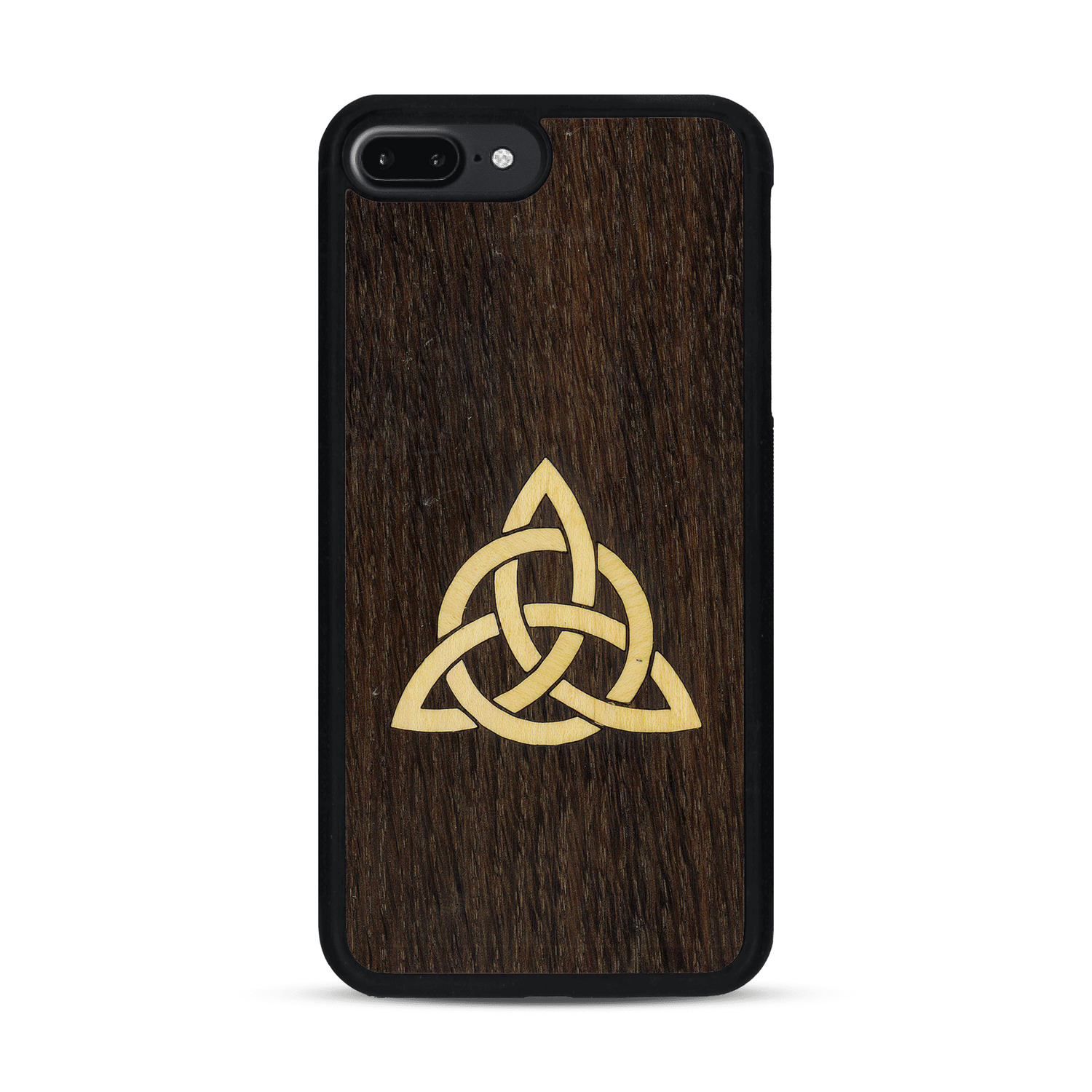 Coque de protection en bois véritable fabriquée en France pour  alliant du chêne fumé et du bambou représentant une triquetra