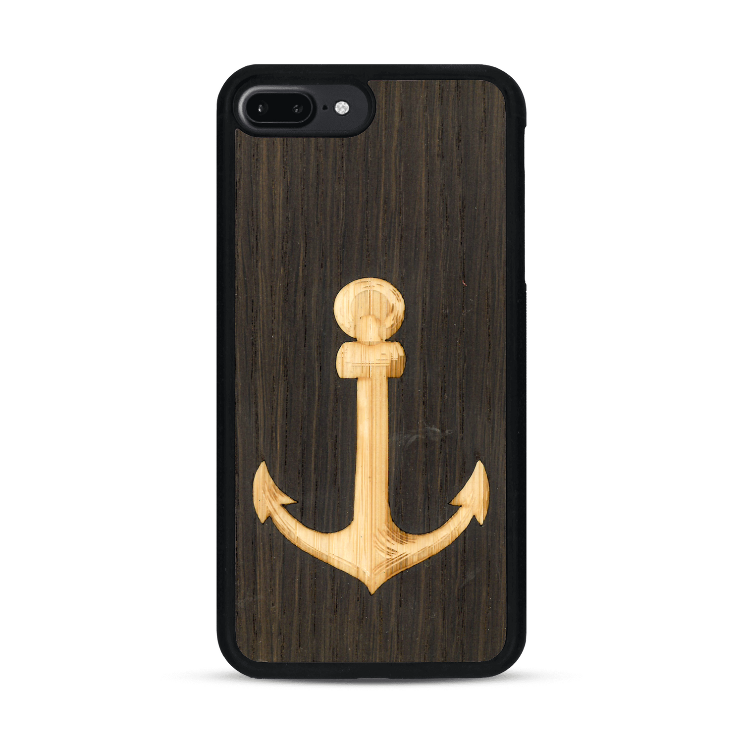 Coque de protection en bois véritable fabriquée en France pour  sur le thème nautique avec un bois clair et un bois foncé représentant une ancre de bateau
