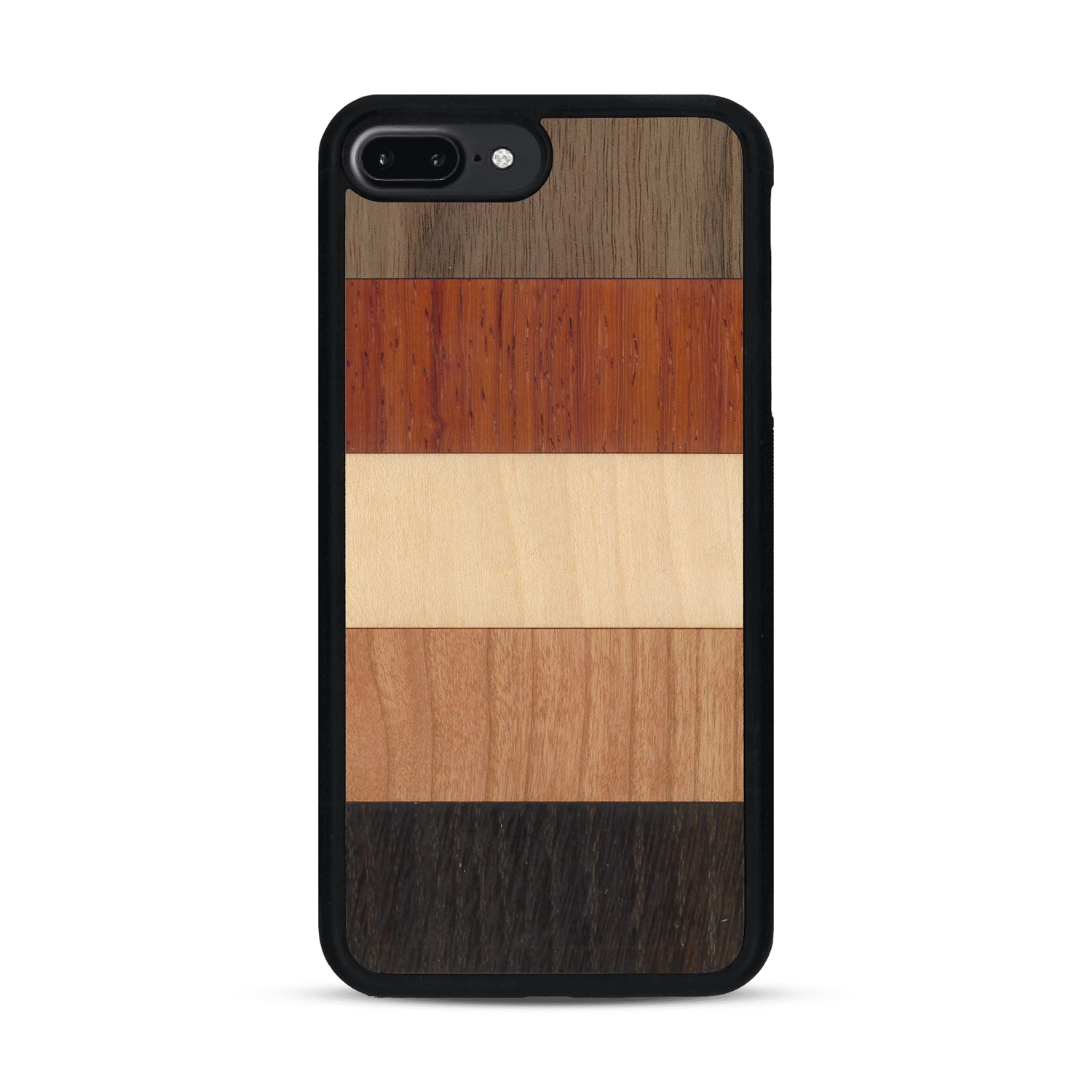 Coque de protection en bois véritable fabriquée en France pour  alliant des bandes horizontales de bambou, merisier, padouk, noyer et chêne fumé