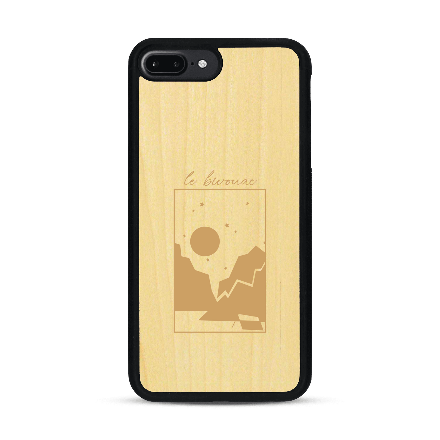 Coque de protection en bois véritable fabriquée en France pour  sur le thème du camping en pleine nature et du bivouac avec la phrase "Aventure is out there"