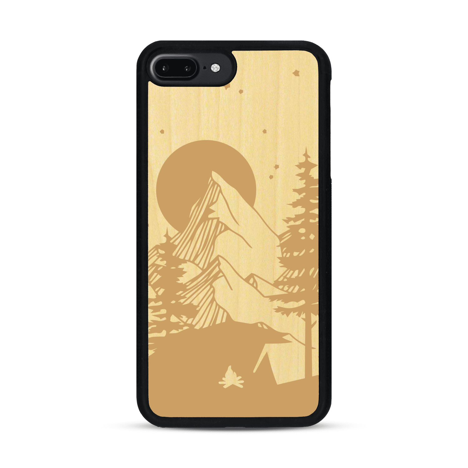 Coque de protection en bois véritable fabriquée en France pour  sur le thème du camping en pleine nature représentant une tente avec un feu de camp entouré de montagnes
