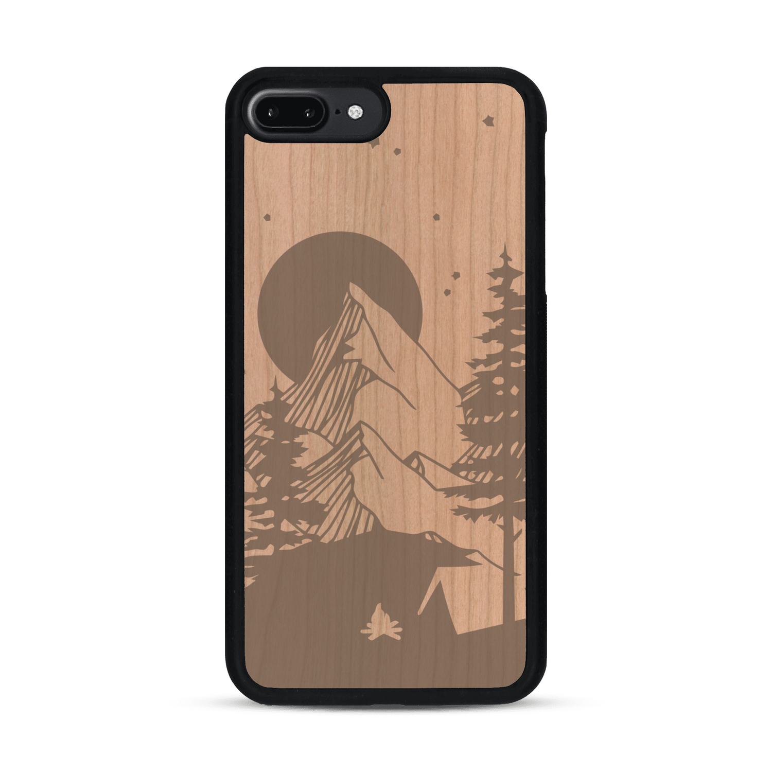 Coque de protection en bois véritable fabriquée en France pour  sur le thème du camping en pleine nature représentant une tente avec un feu de camp entouré de montagnes
