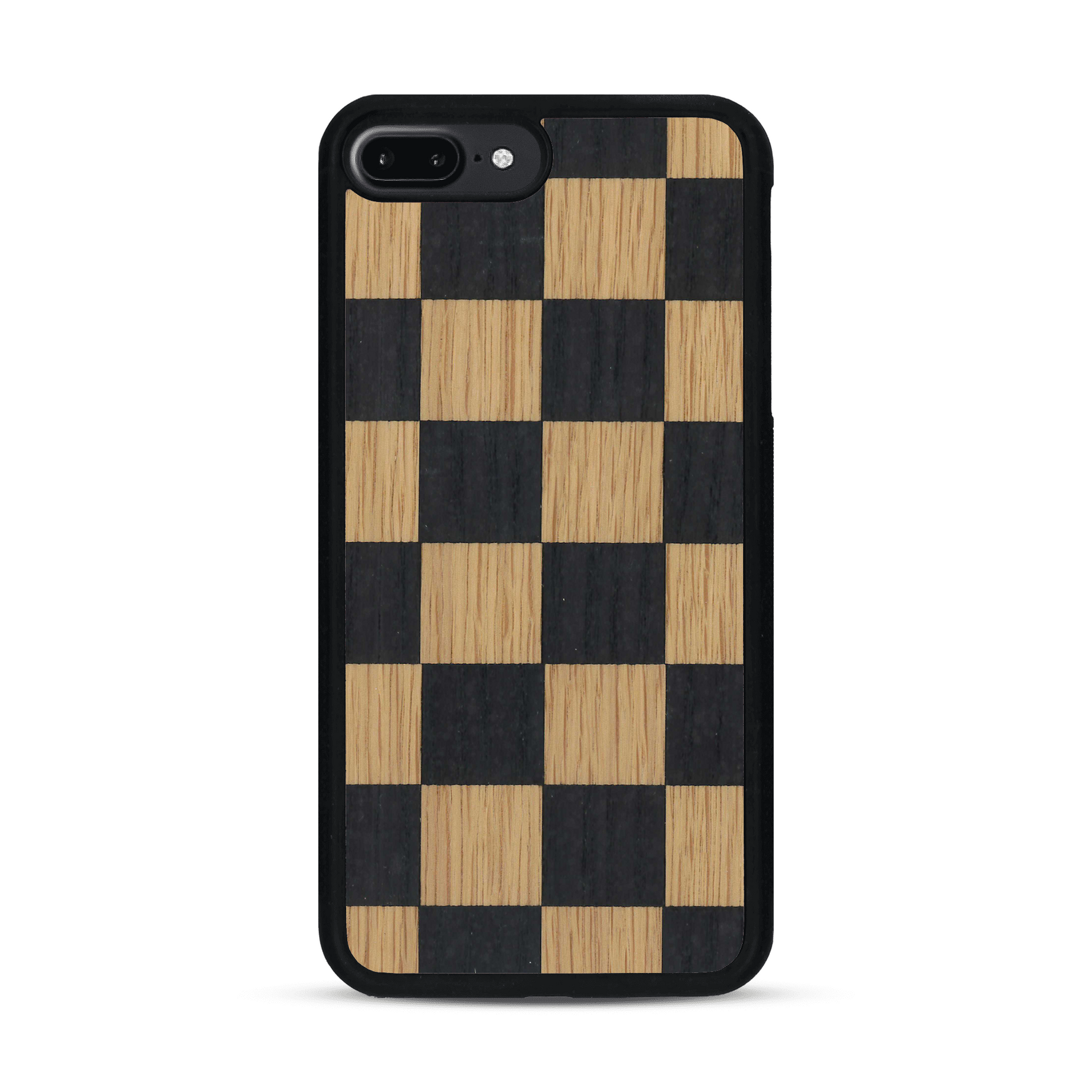 Coque de protection en bois véritable fabriquée en France pour  alliant plusieurs essences de bois pour représenter un damier