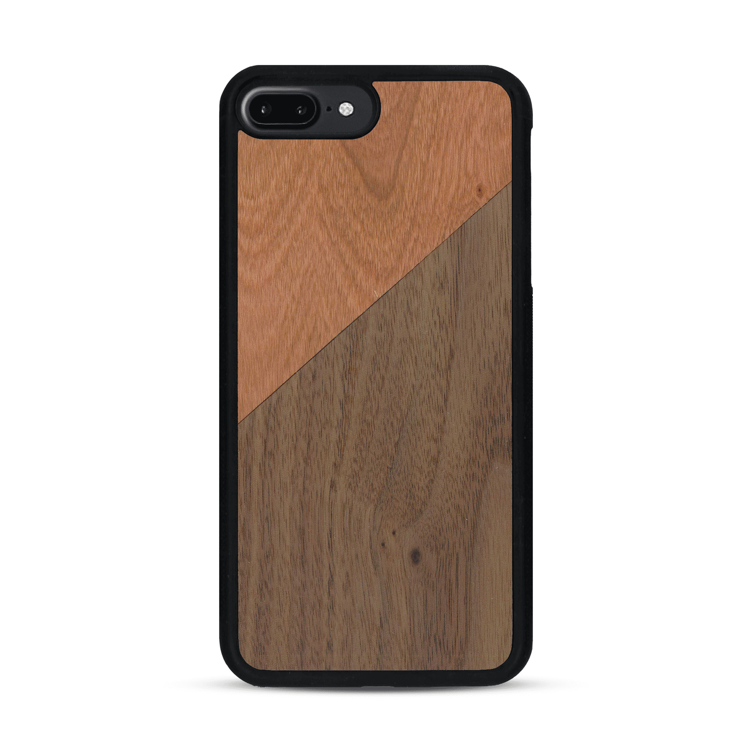 Coque de protection en bois véritable fabriquée en France pour  alliant du merisier et du noyer formant chacun un triangle avec une jointure en diagonale sur le thème de l'art abstrait