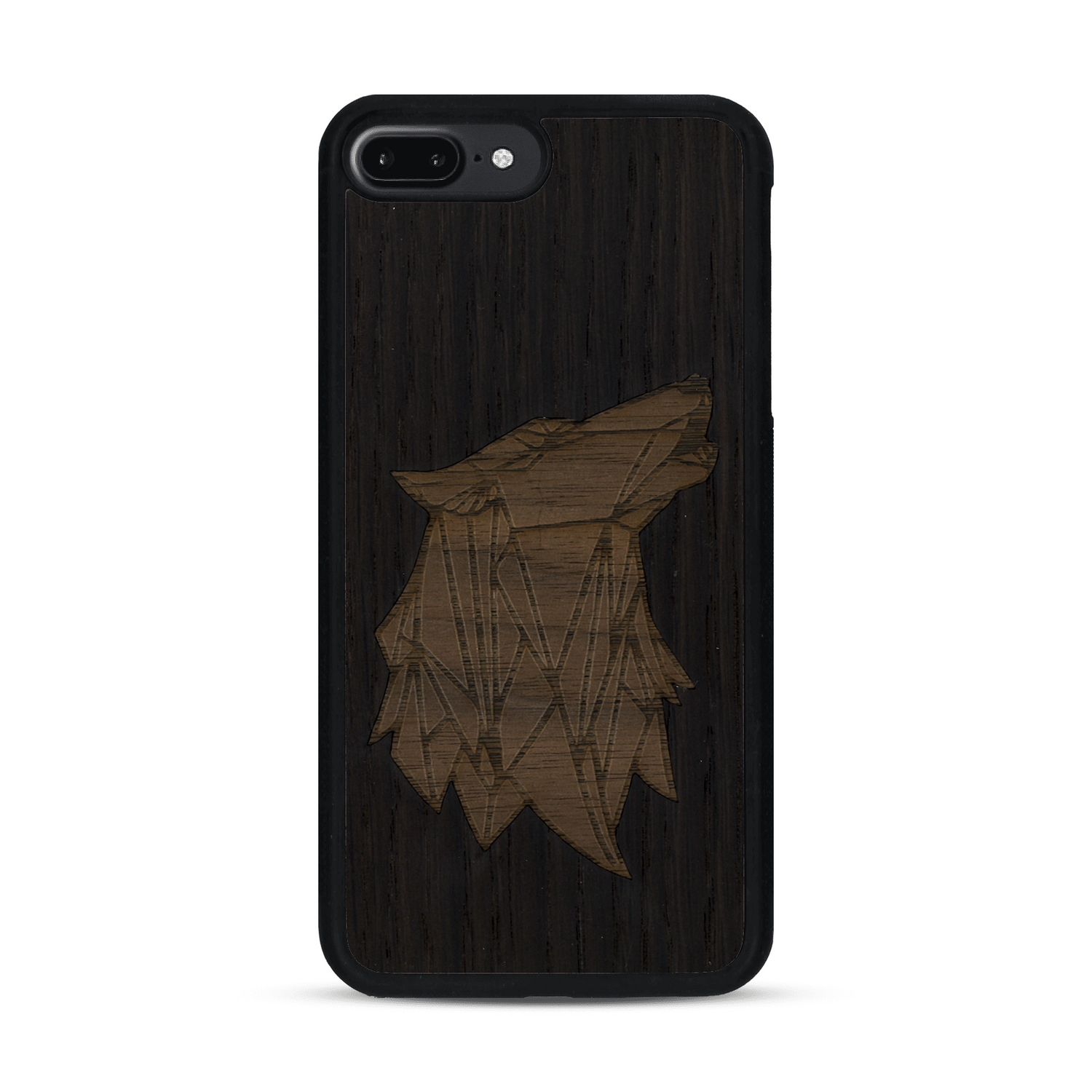 Coque de protection en bois véritable fabriquée en France pour  alliant du chêne fumé et du noyer représentant une tête de loup géométrique de profil sur le thème des animaux et de la nature