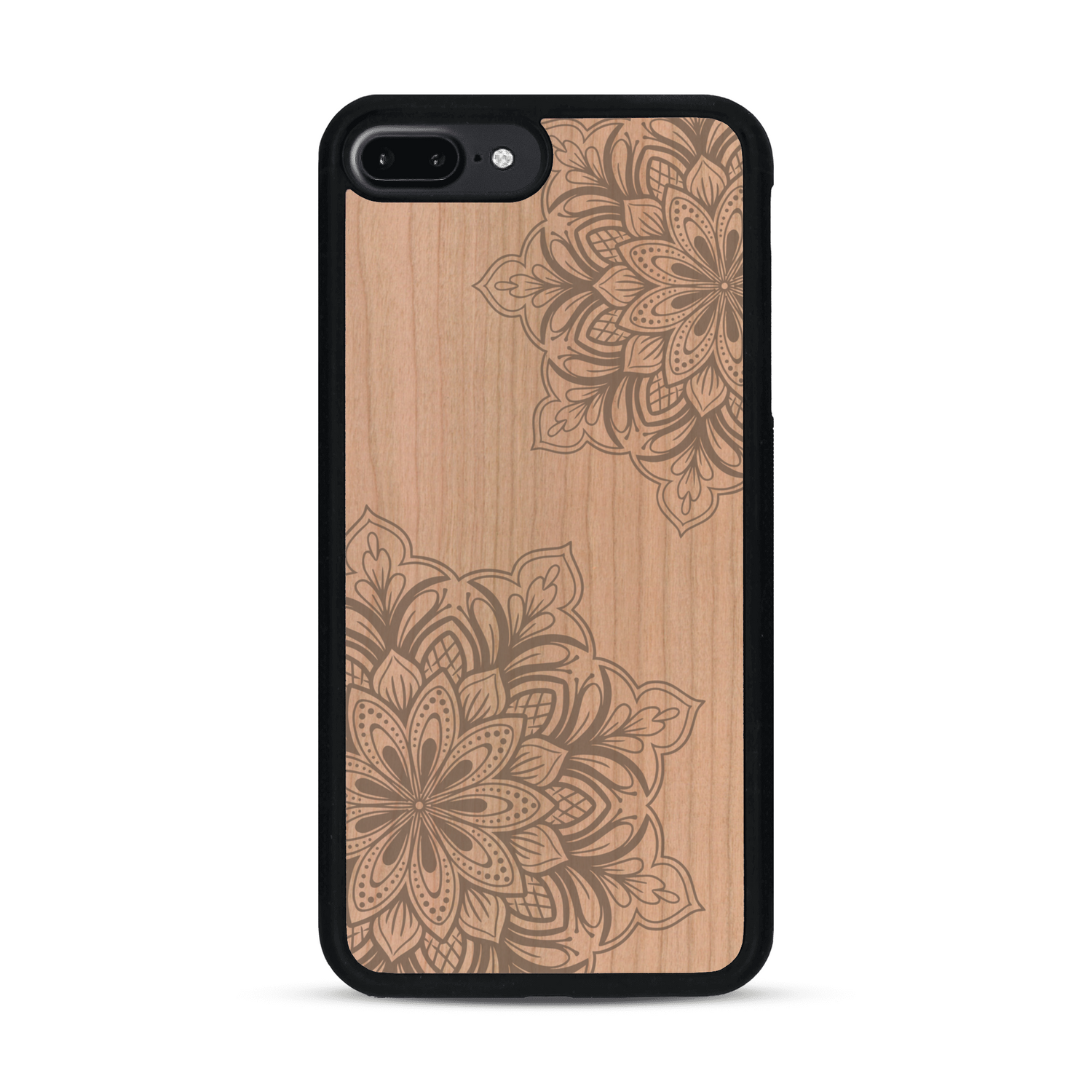 Coque de protection en bois véritable fabriquée en France pour  sur le thème de la bohème et du tatouage au henné avec une gravure représentant un mandala