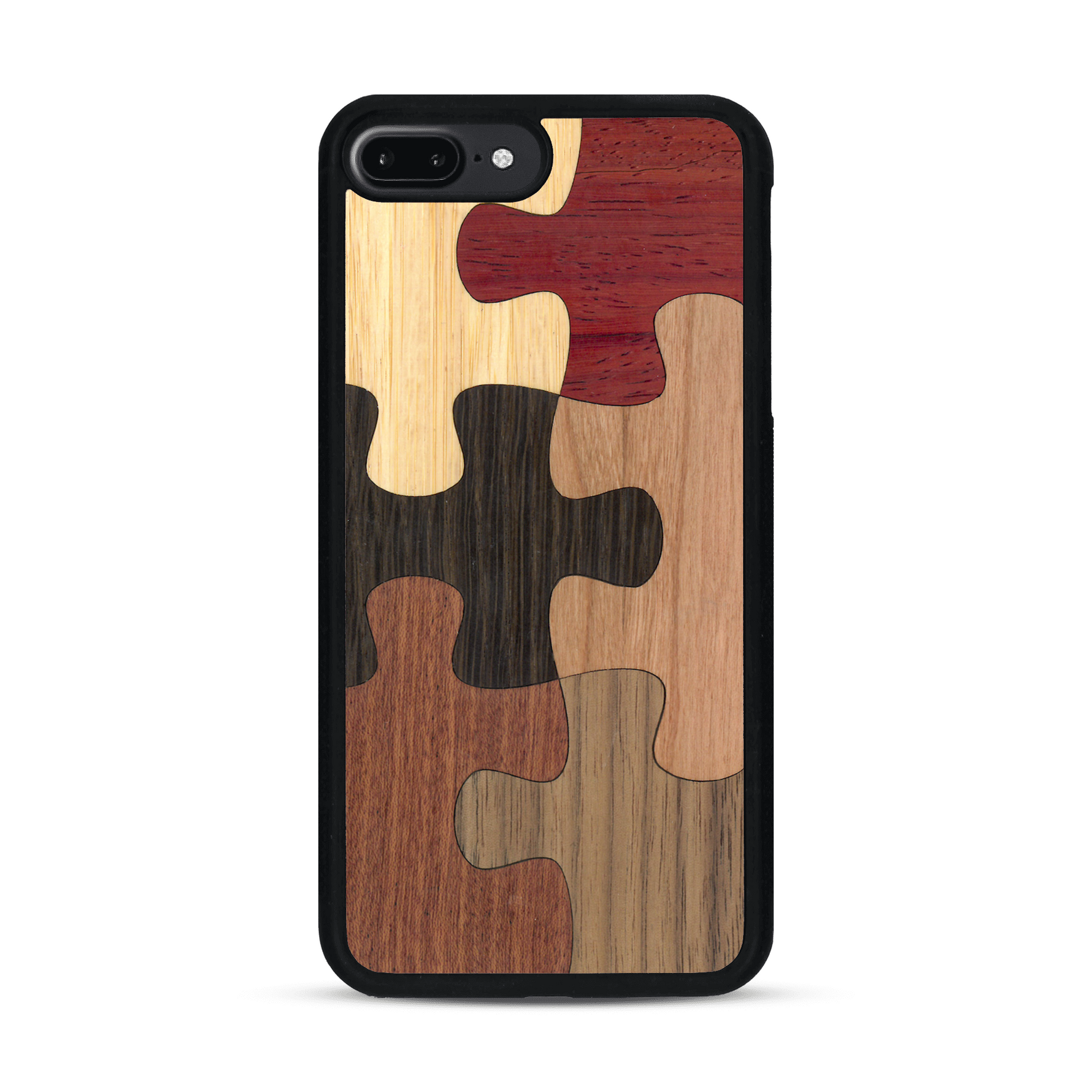 Coque de protection en bois véritable fabriquée en France pour  représentant un puzzle en six pièces qui allie du chêne fumé, du noyer, du bambou, du padouk, du merisier et de l'acajou