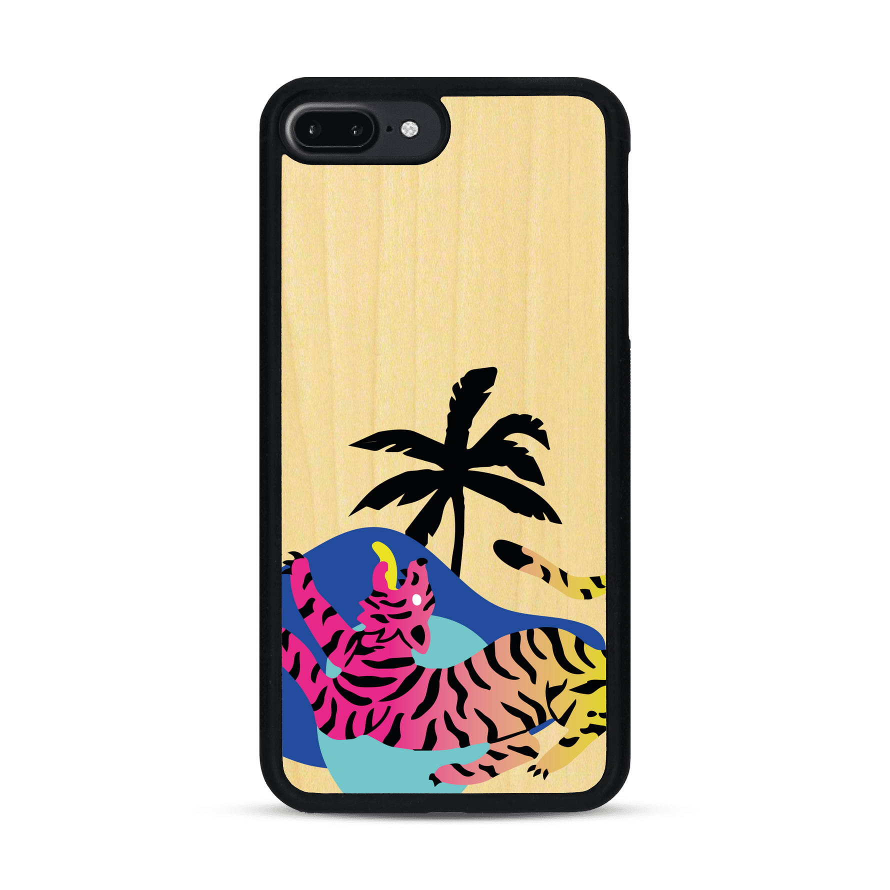 Coque de protection en bois véritable fabriquée en France pour iPhone 7 Plus / 8 Plus représentant un tigre coloré avec un design moderne et minimaliste sur le thème de la jungle et de la nature