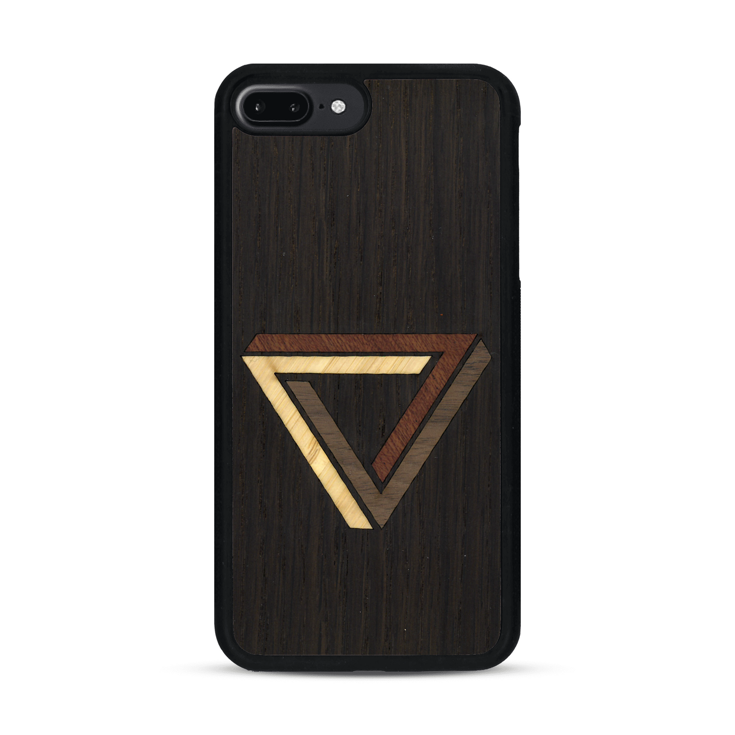 Coque de protection en bois véritable fabriquée en France pour  sur le thème de l'art géométrique qui allie du chêne fumé, du noyer, du bambou et du padouk représentant le triangle de penrose