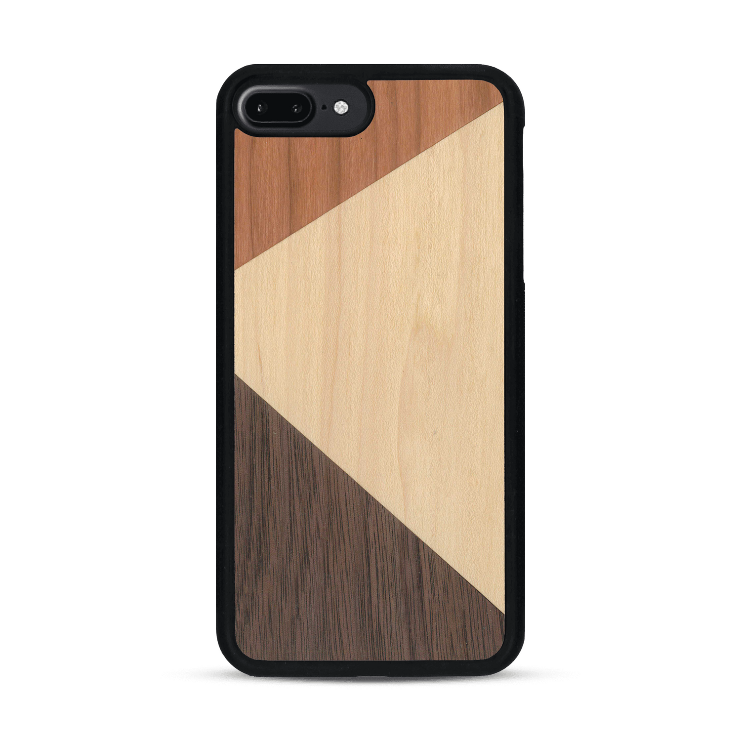 Coque de protection en bois véritable fabriquée en France pour  alliant du merisier, du noyer et du bambou formant chacun deux triangles et un trapèze avec deux jointures en diagonale sur le thème de l'art abstrait